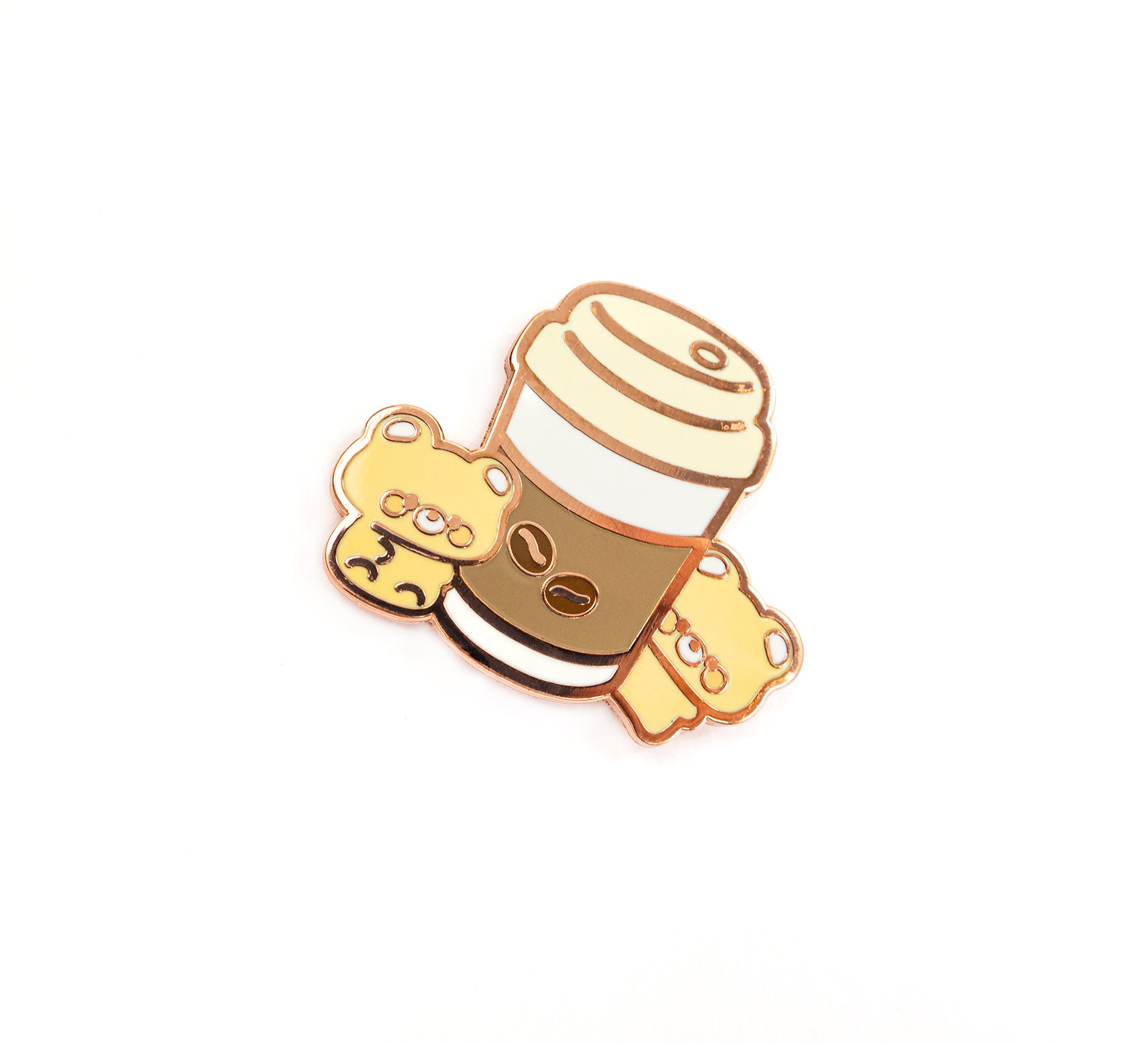 A cute enamel pin shaped like a coffee cup with two smiling cartoon bears peeking out from behind it, shown on a plain white background.