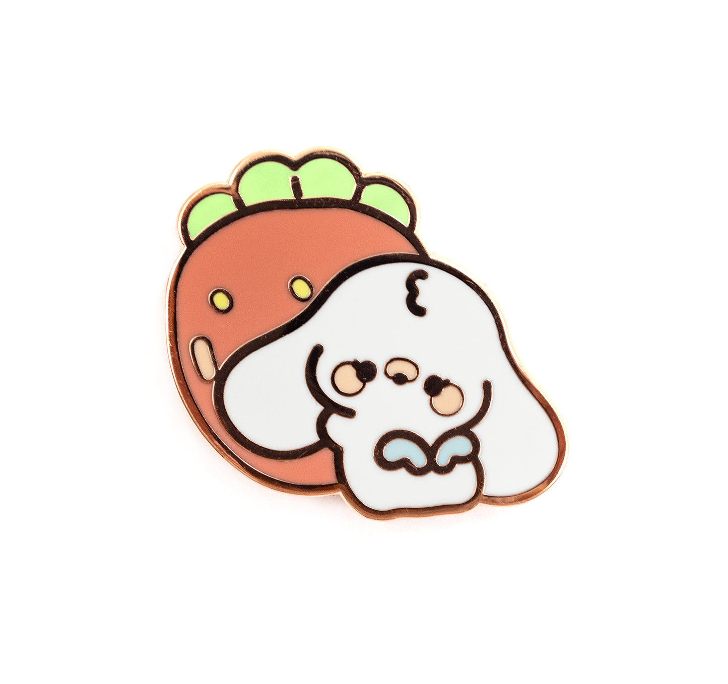 A cute enamel pin featuring a white cartoon dog peeking from behind a brown strawberry with green leaves, outlined in gold metal on a white background.