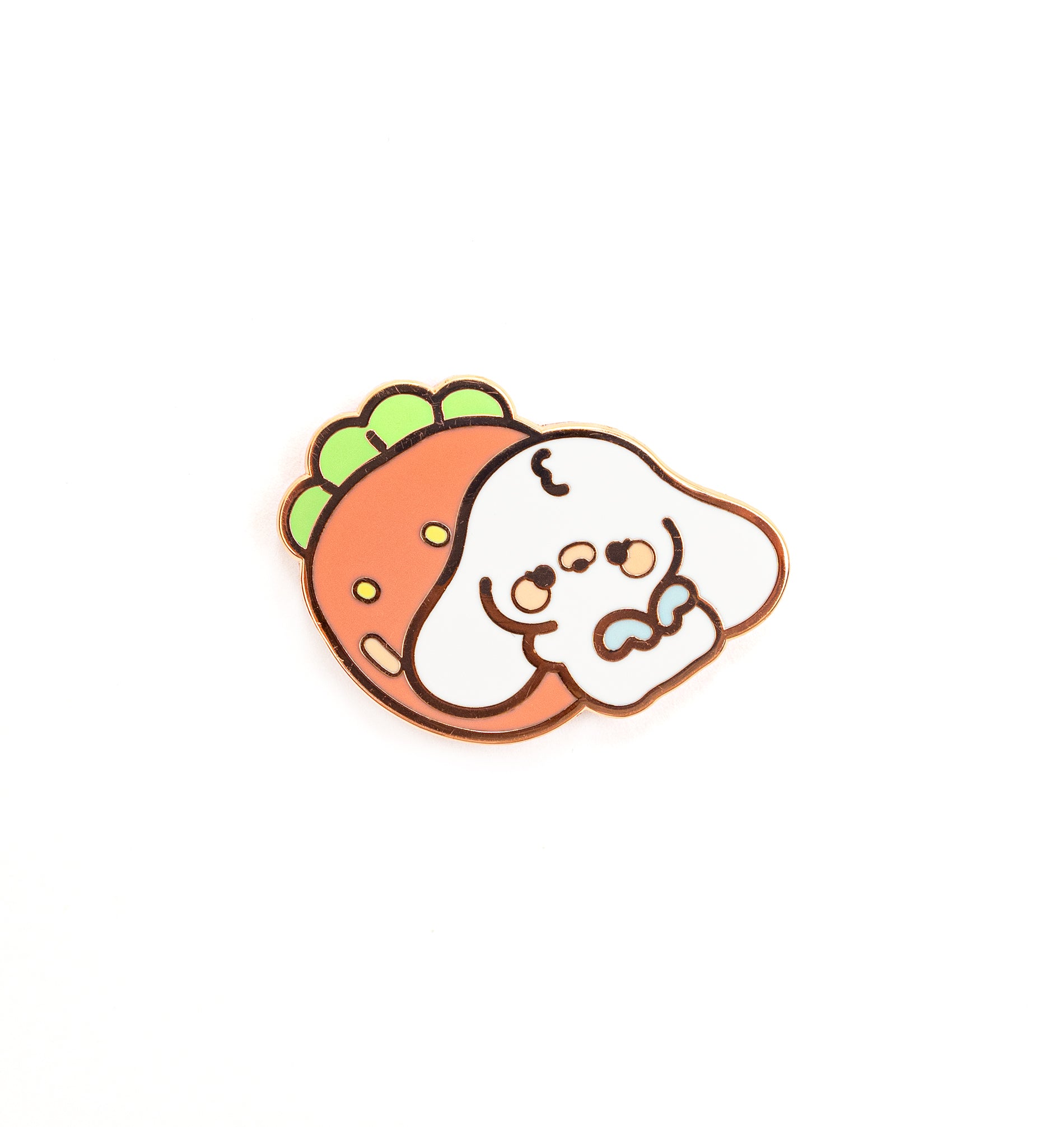 A cute cartoon enamel pin featuring a white dog peeking out from behind an orange strawberry with green leaves, set against a plain white background.