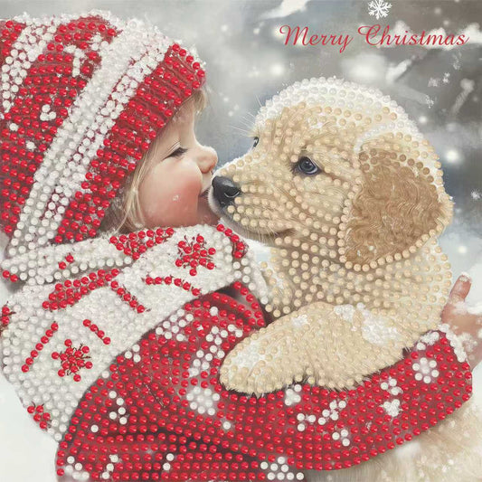 Decorative Christmas card with a child and dog in red and white outfits, featuring 'Merry Christmas' text.