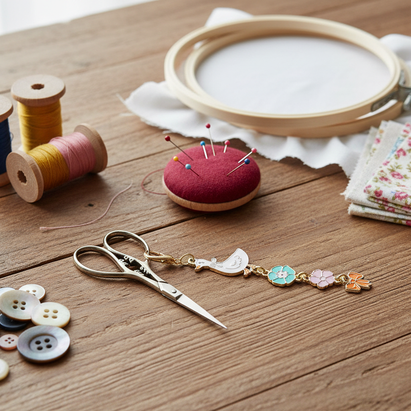 Sewing tools and materials on a wooden table