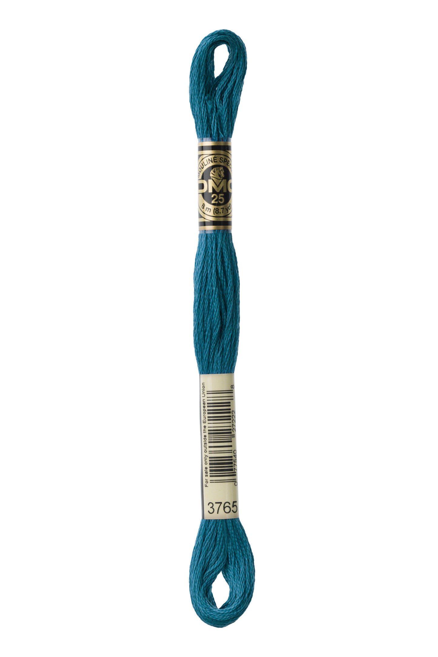 Teal embroidery floss spool with a dmc brand label on a white background