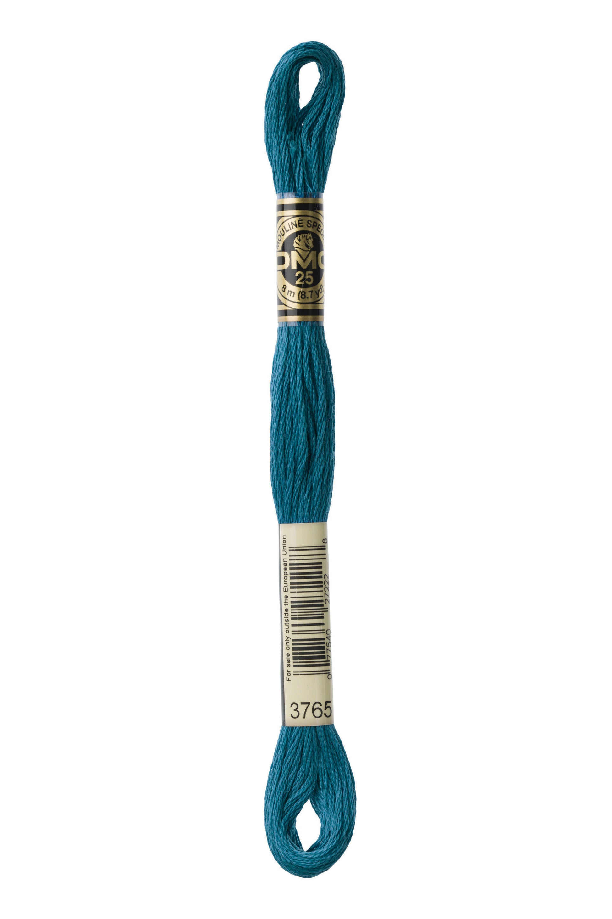 Teal embroidery floss spool with a dmc brand label on a white background