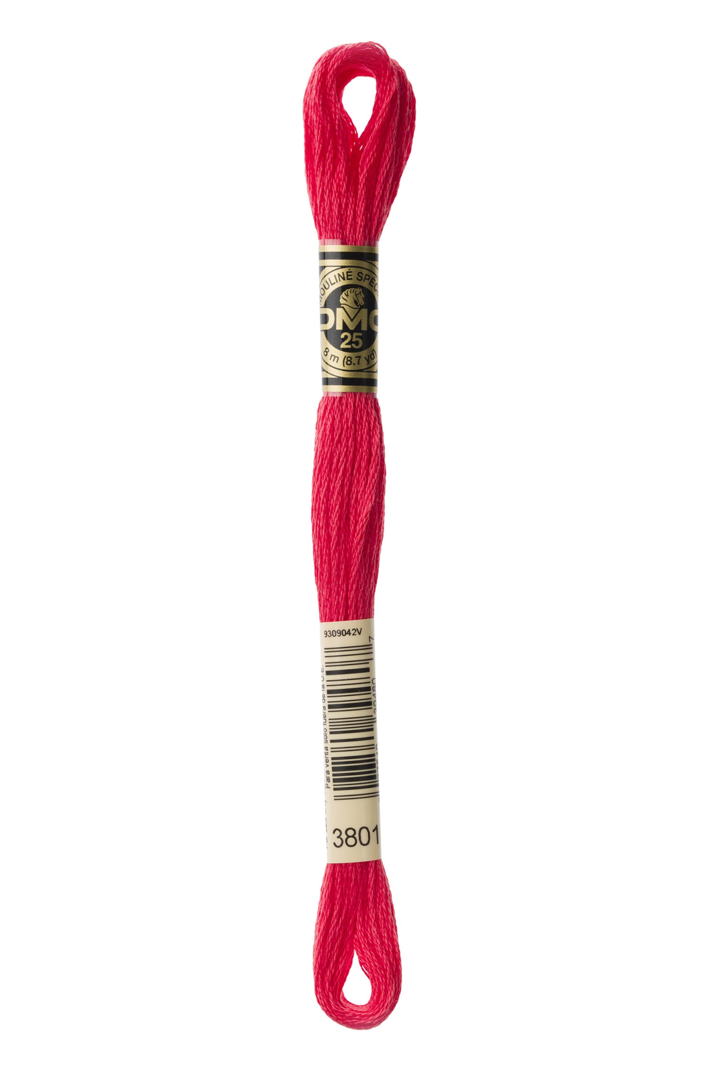 Red embroidery floss spool with a brand label on a white background