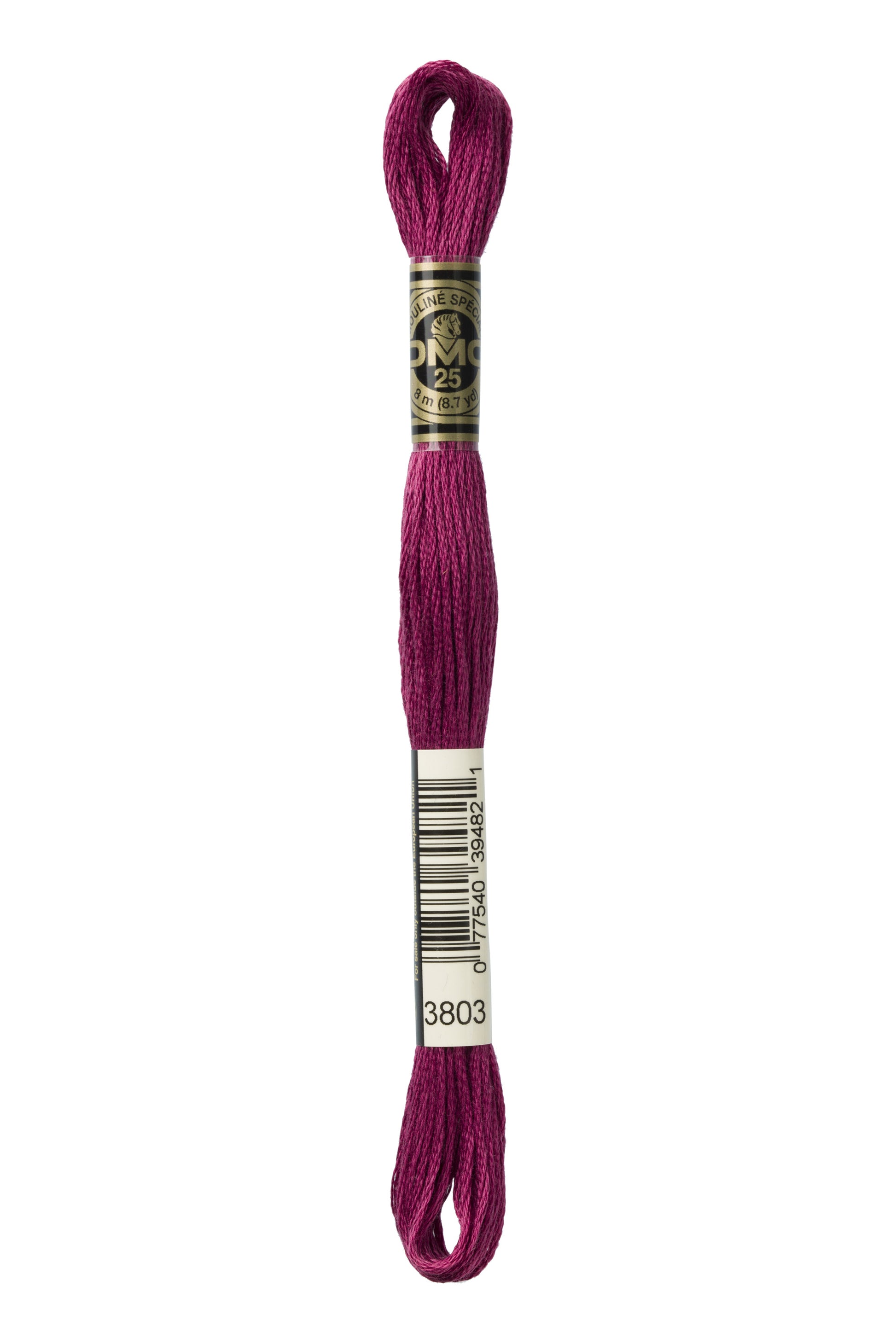 Purple embroidery floss with a label on a white background
