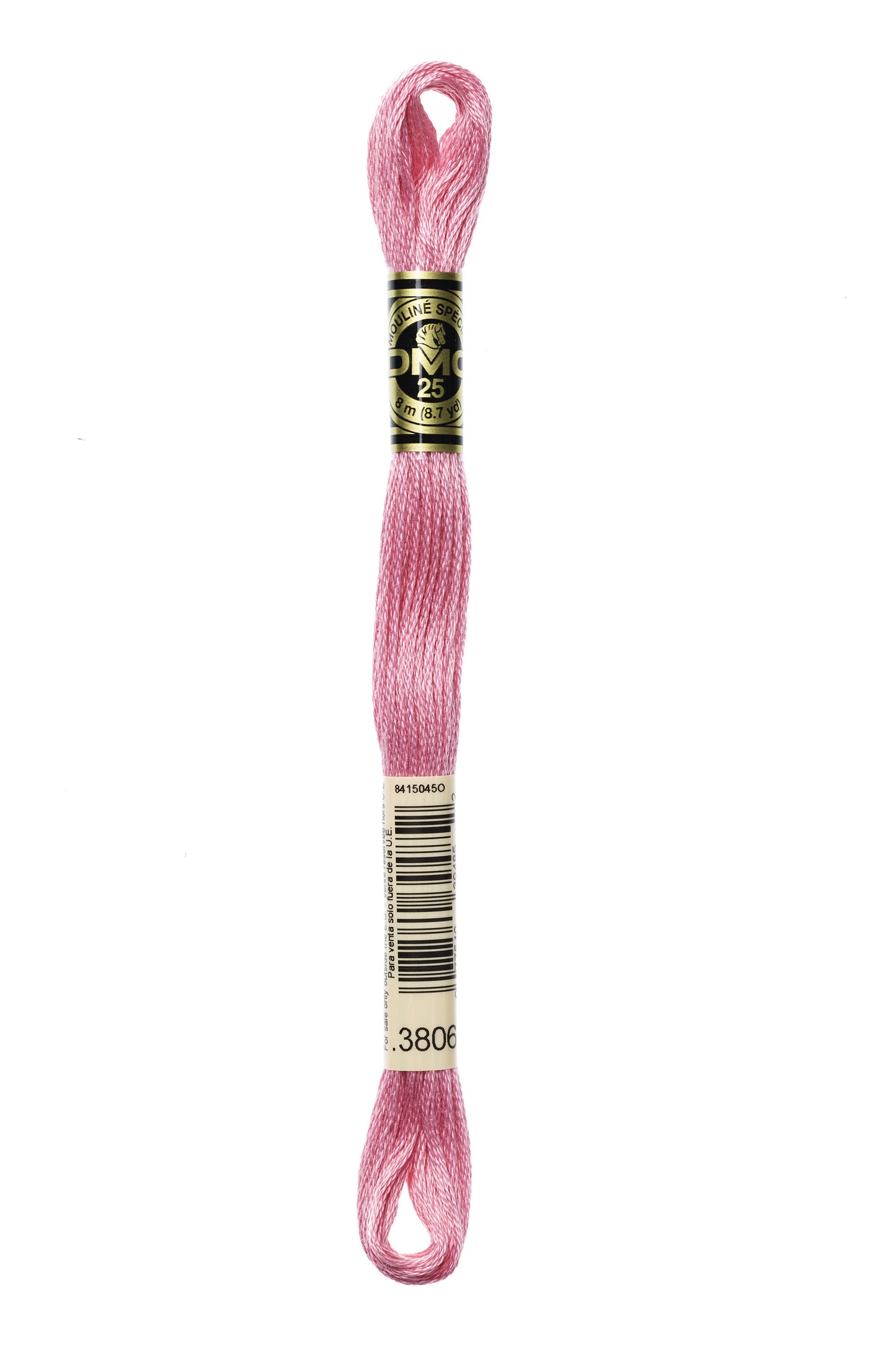Pink embroidery floss with a gold label on a white background