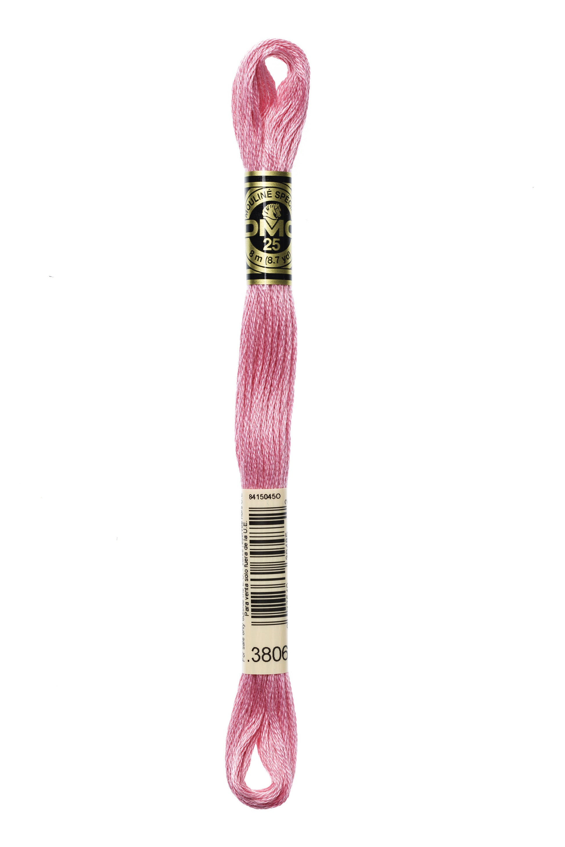 Pink embroidery floss with a gold label on a white background