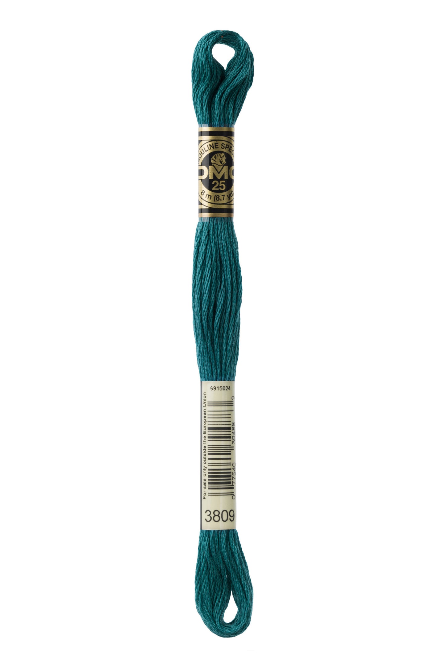 Teal embroidery floss spool with DMC label on a white background