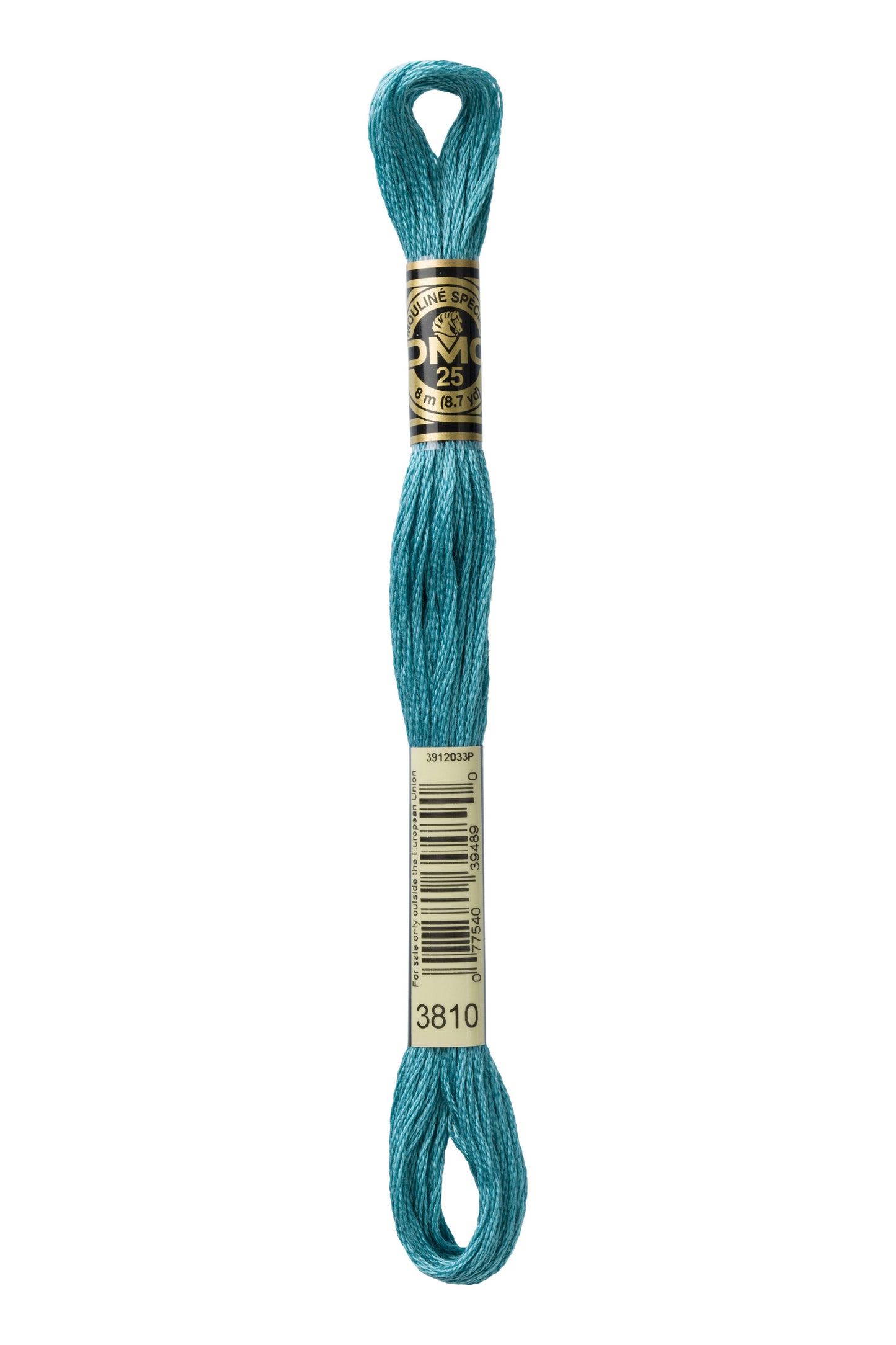 Turquoise embroidery floss spool with a label on a white background