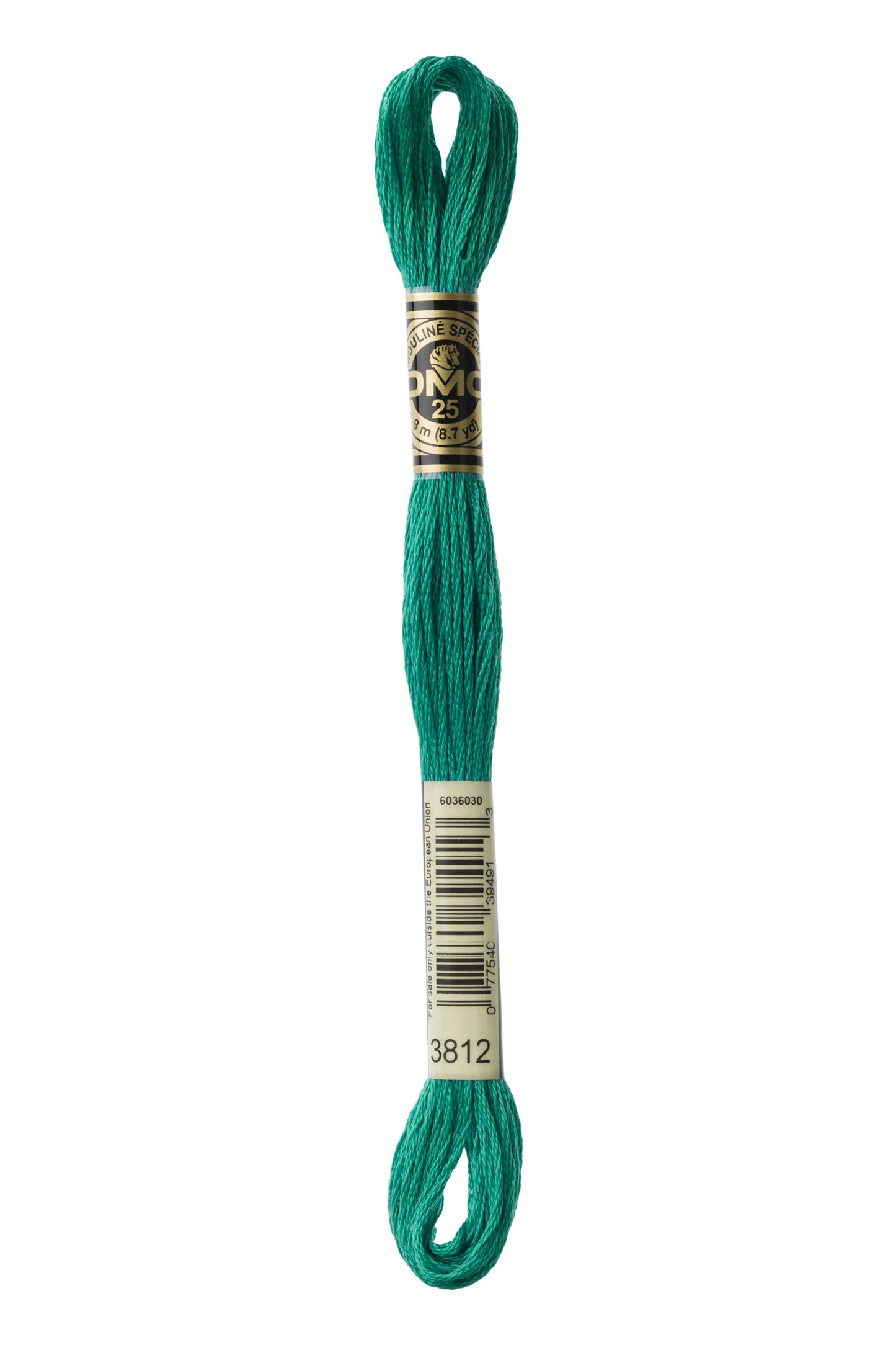 Teal embroidery floss spool with a brand label on a white background