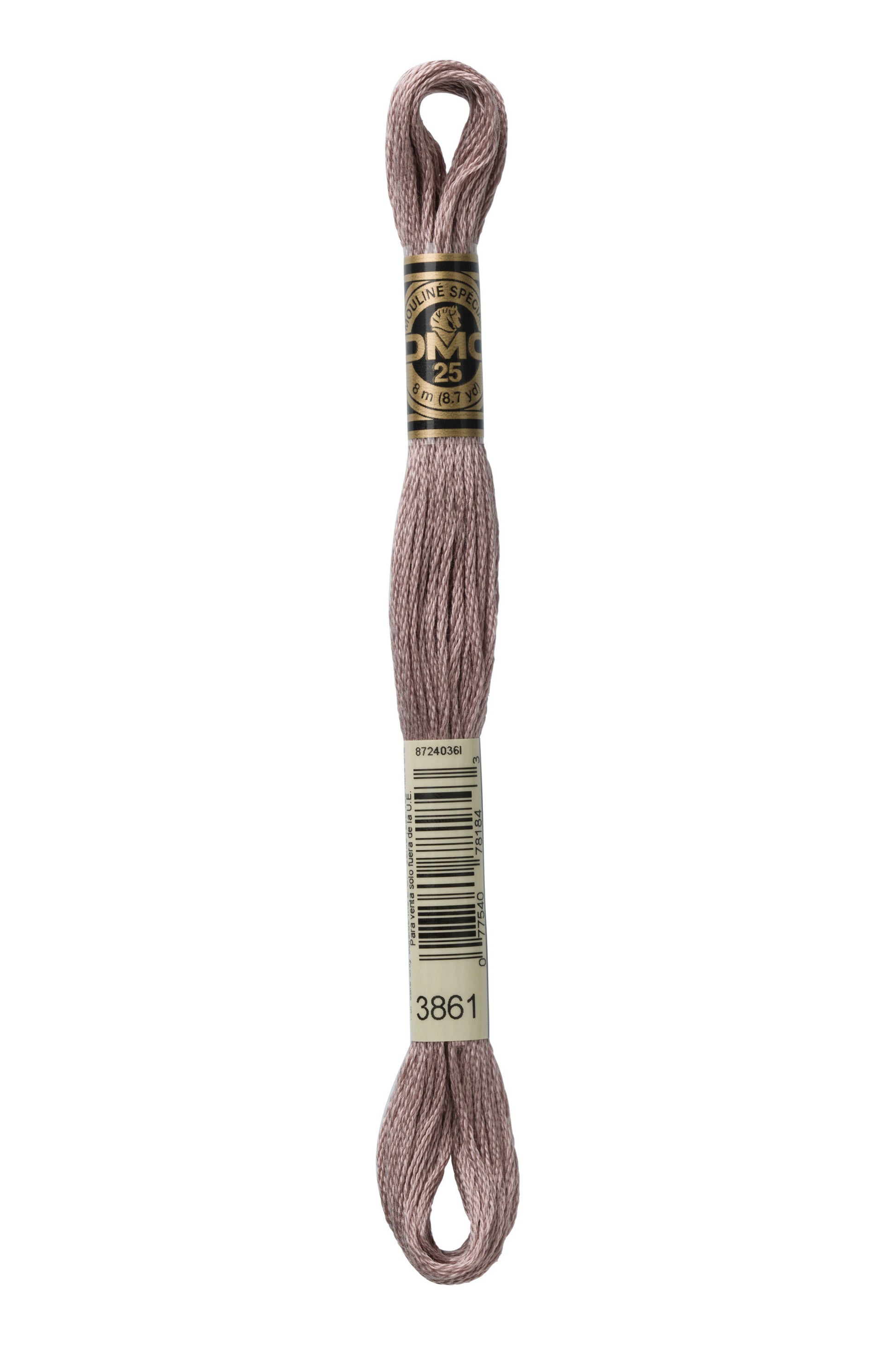 Spool of pink-brown embroidery dmc floss with a label on a white background