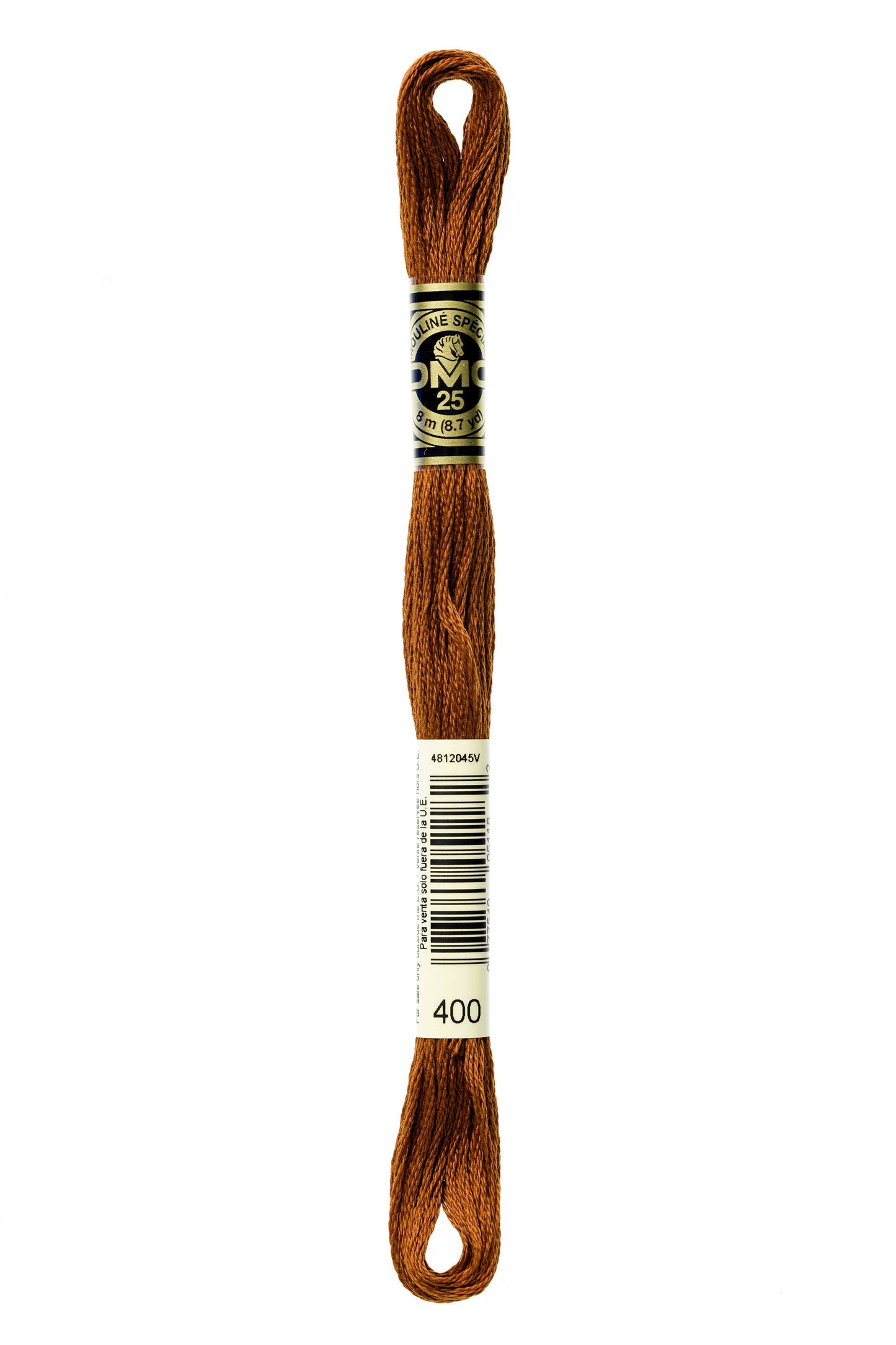 Brown embroidery floss spool with a label on a white background
