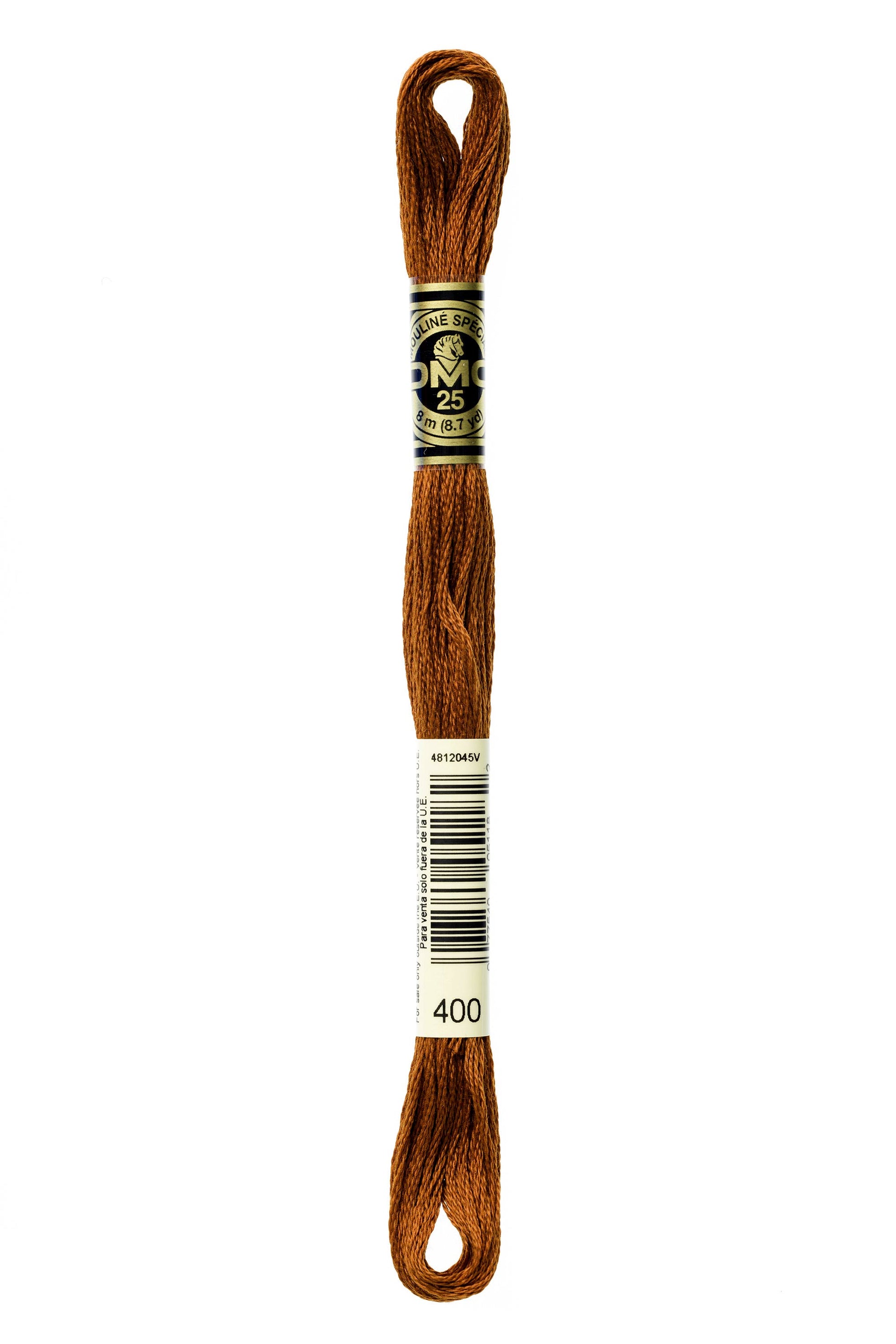 Brown embroidery floss spool with a label on a white background