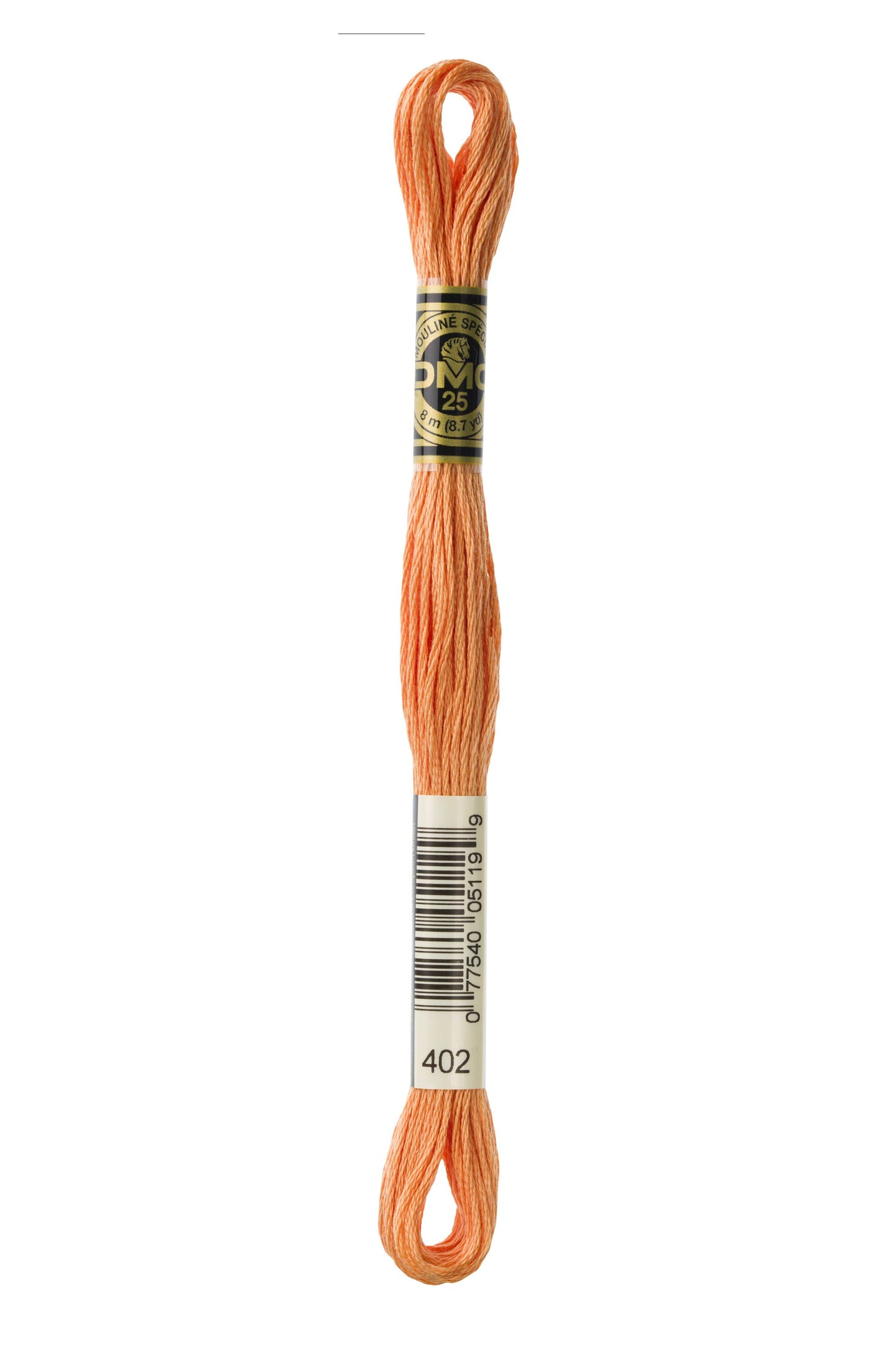 Spool of orange embroidery floss with a label on a white background