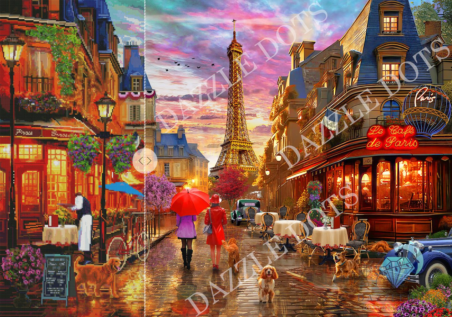 Diamond painting of a Parisian street scene with the Eiffel Tower, people with red umbrellas, and a cafe.