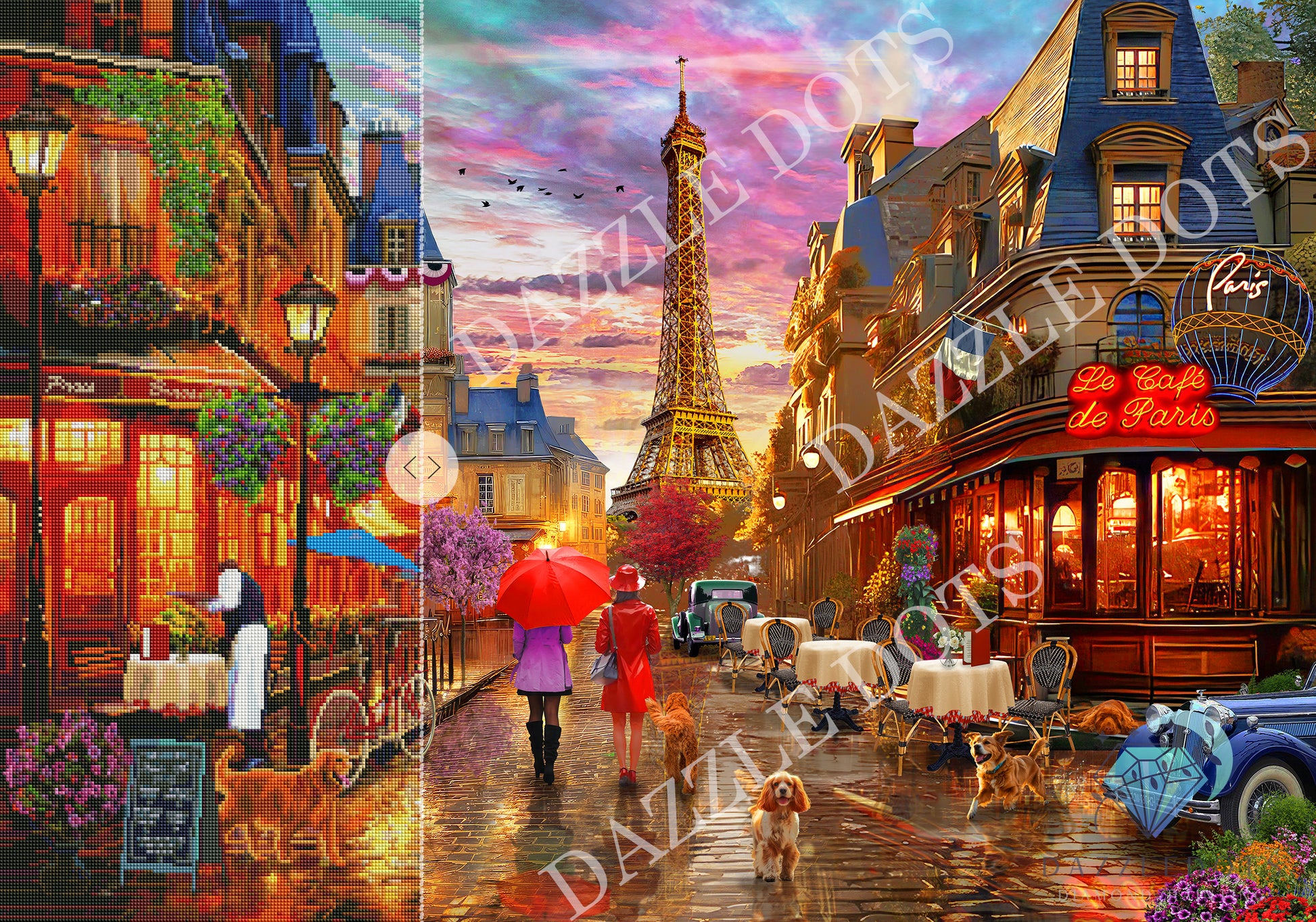 Diamond painting of a Parisian street scene with the Eiffel Tower, people with red umbrellas, and a cafe.