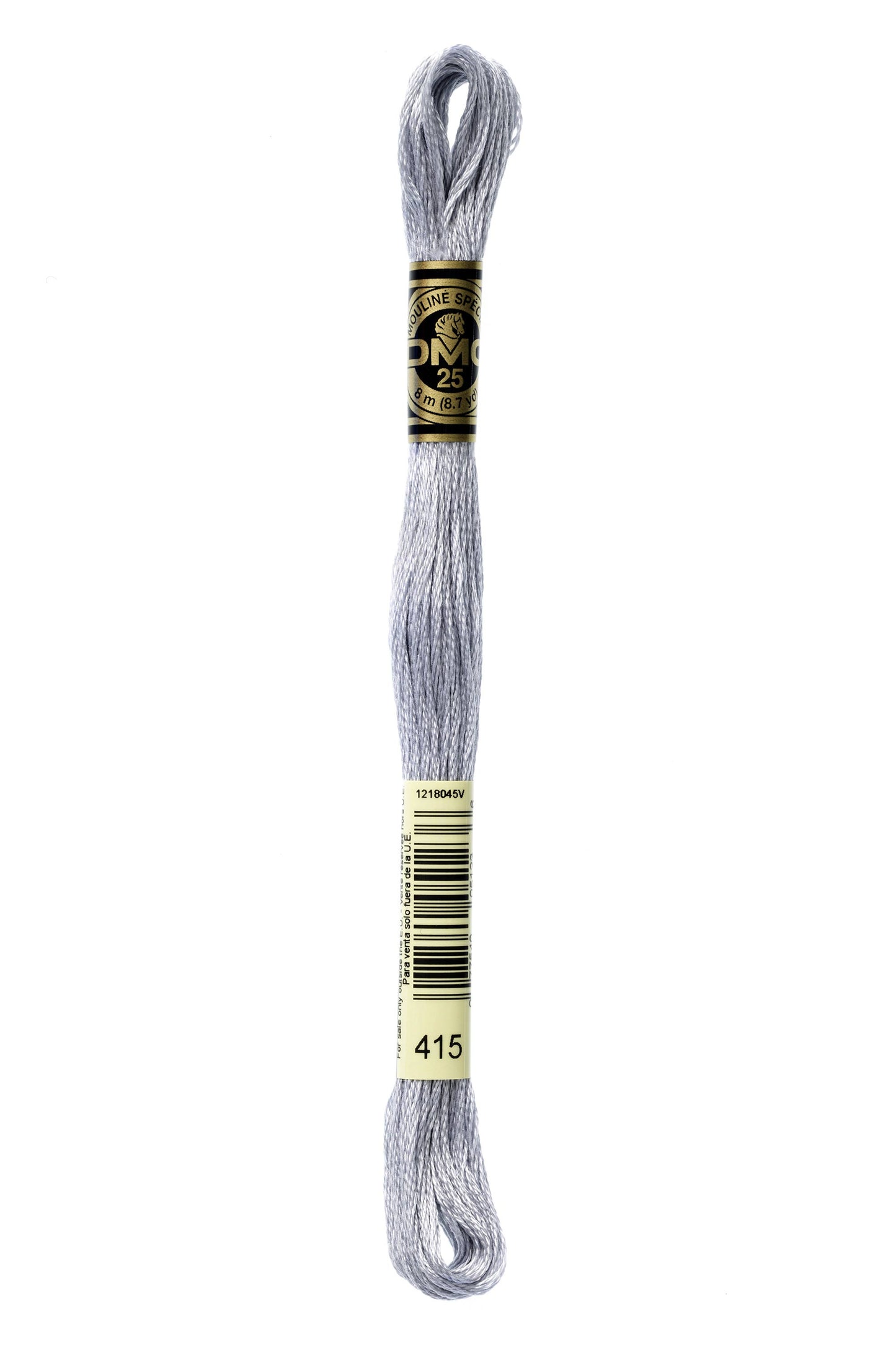 Gray embroidery floss spool with a label on a white background