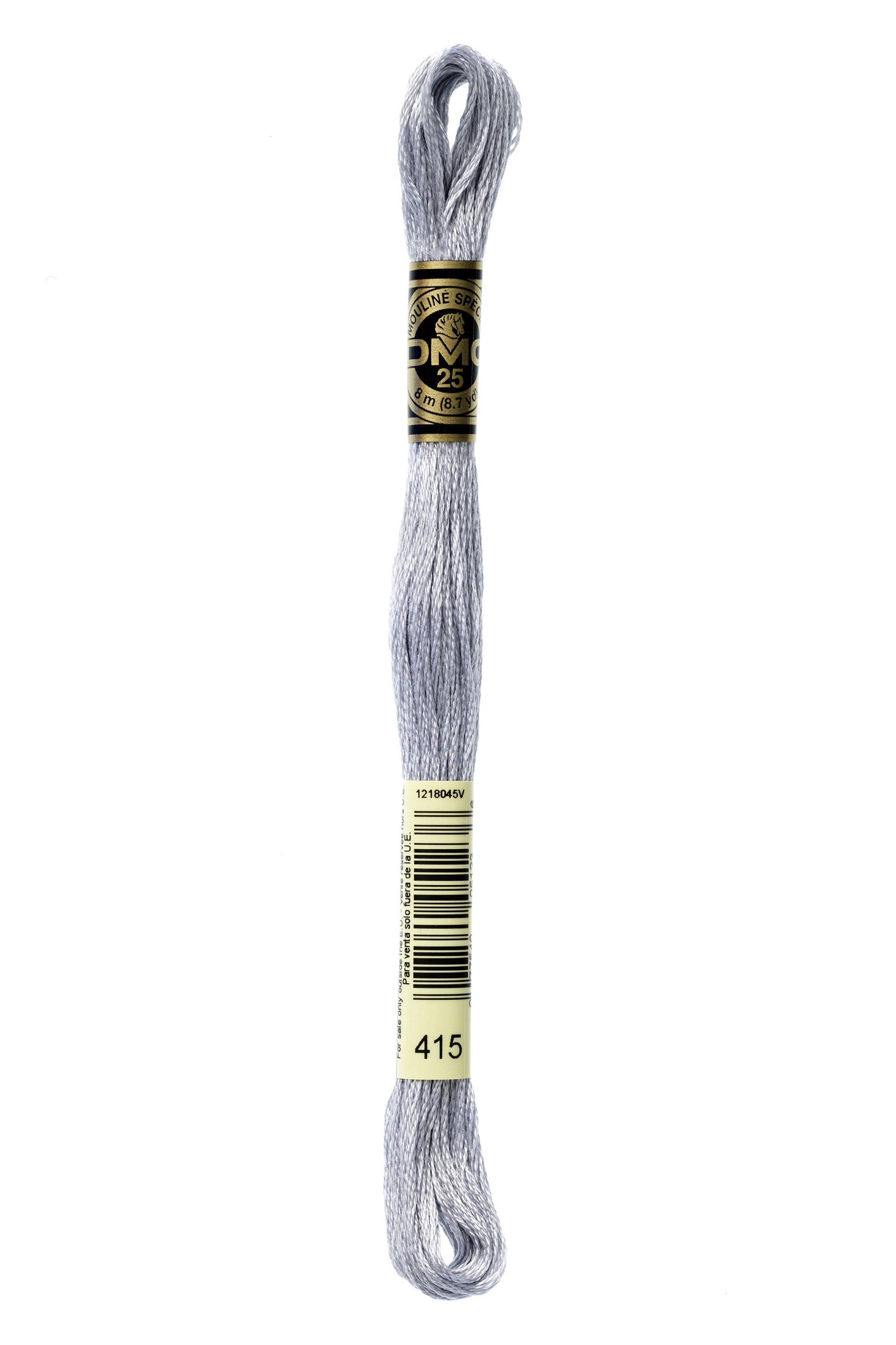 Gray embroidery floss spool with a label on a white background