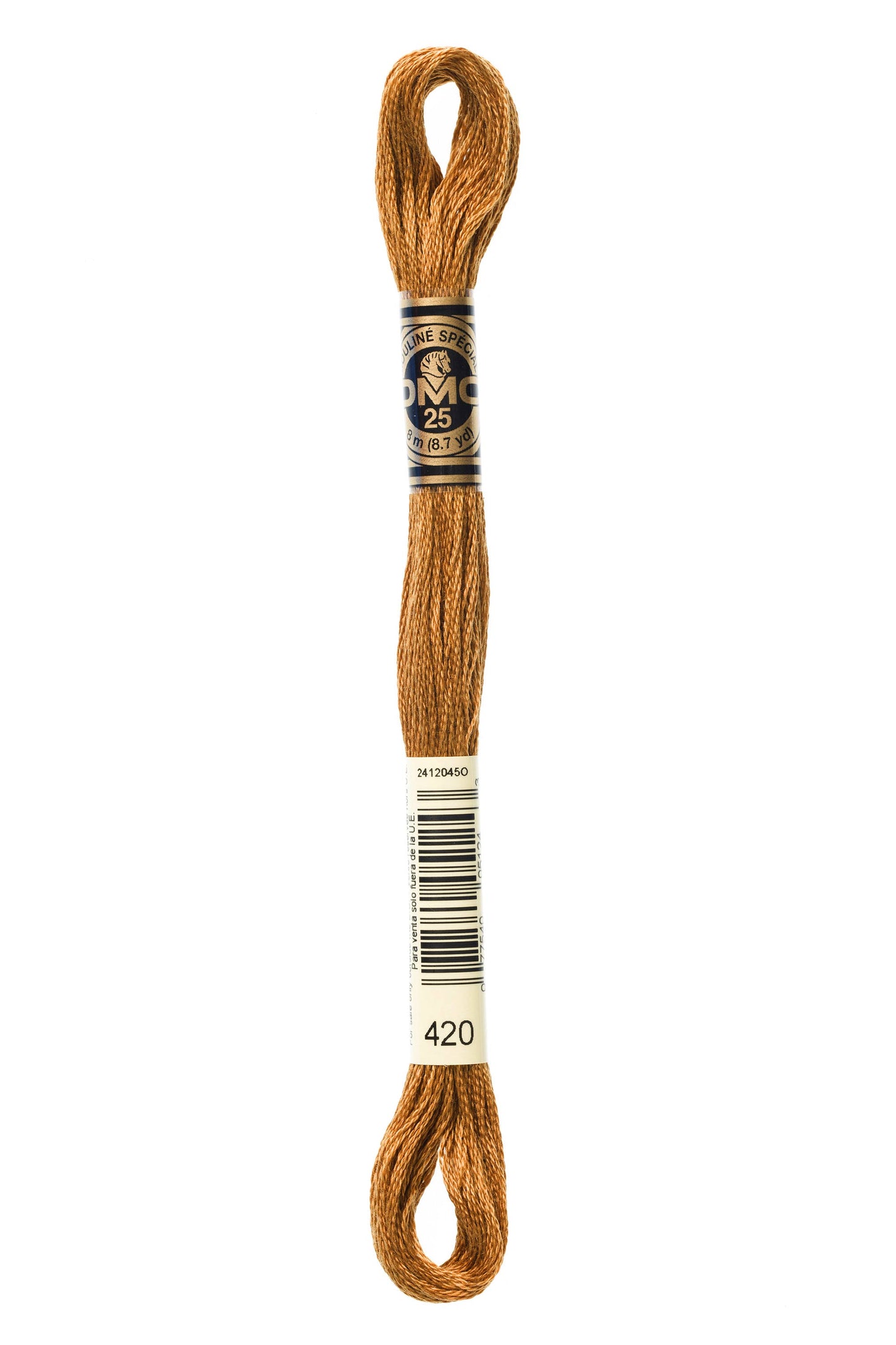 Brown embroidery floss spool with a label on a white background