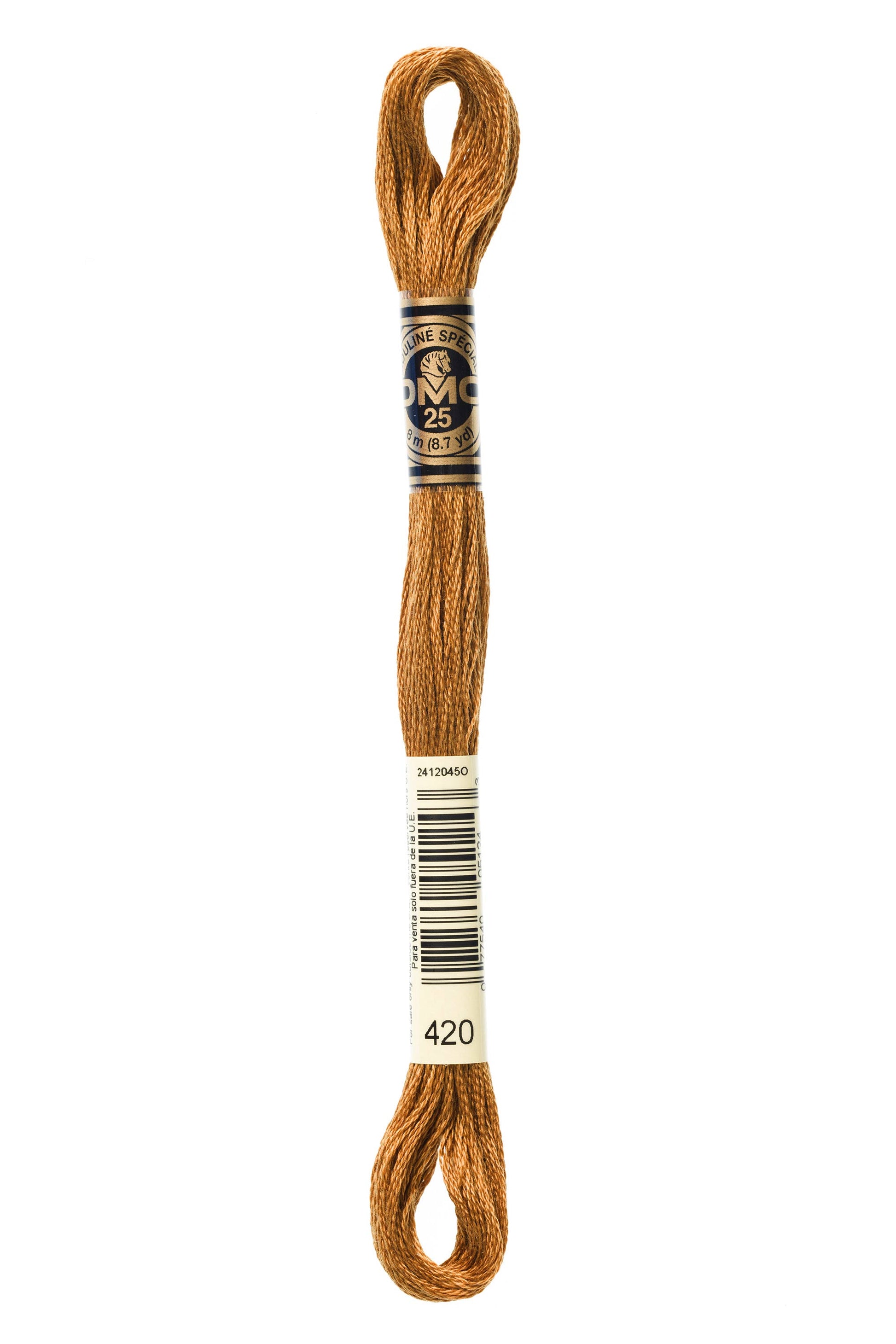 Brown embroidery floss spool with a label on a white background