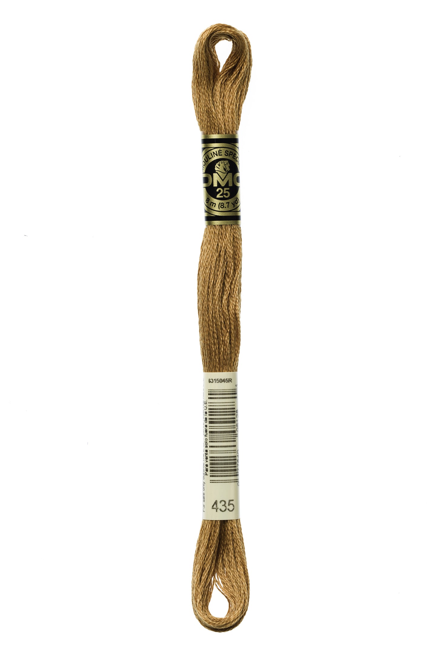 Brown embroidery floss spool with a label on a white background