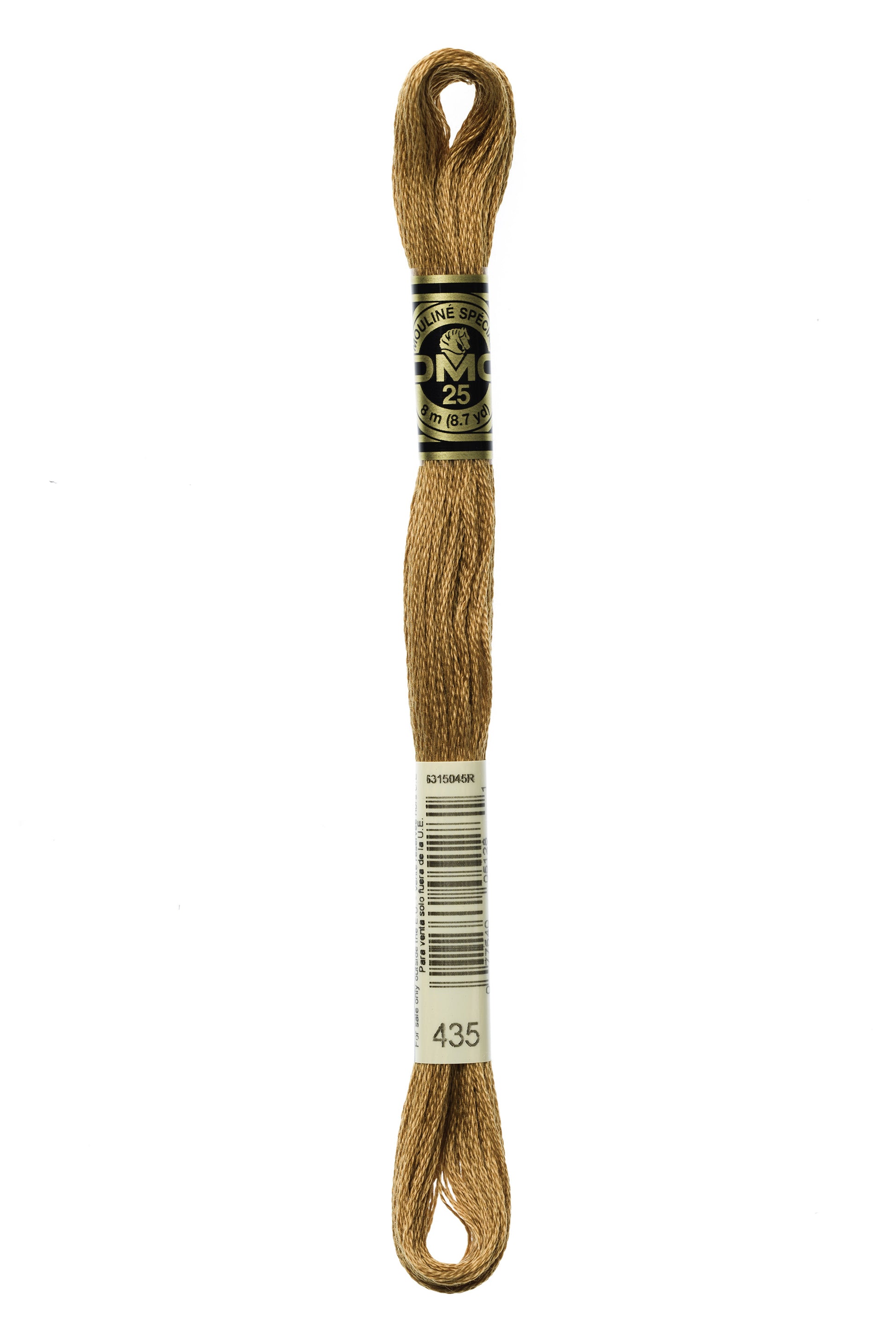 Brown embroidery floss spool with a label on a white background