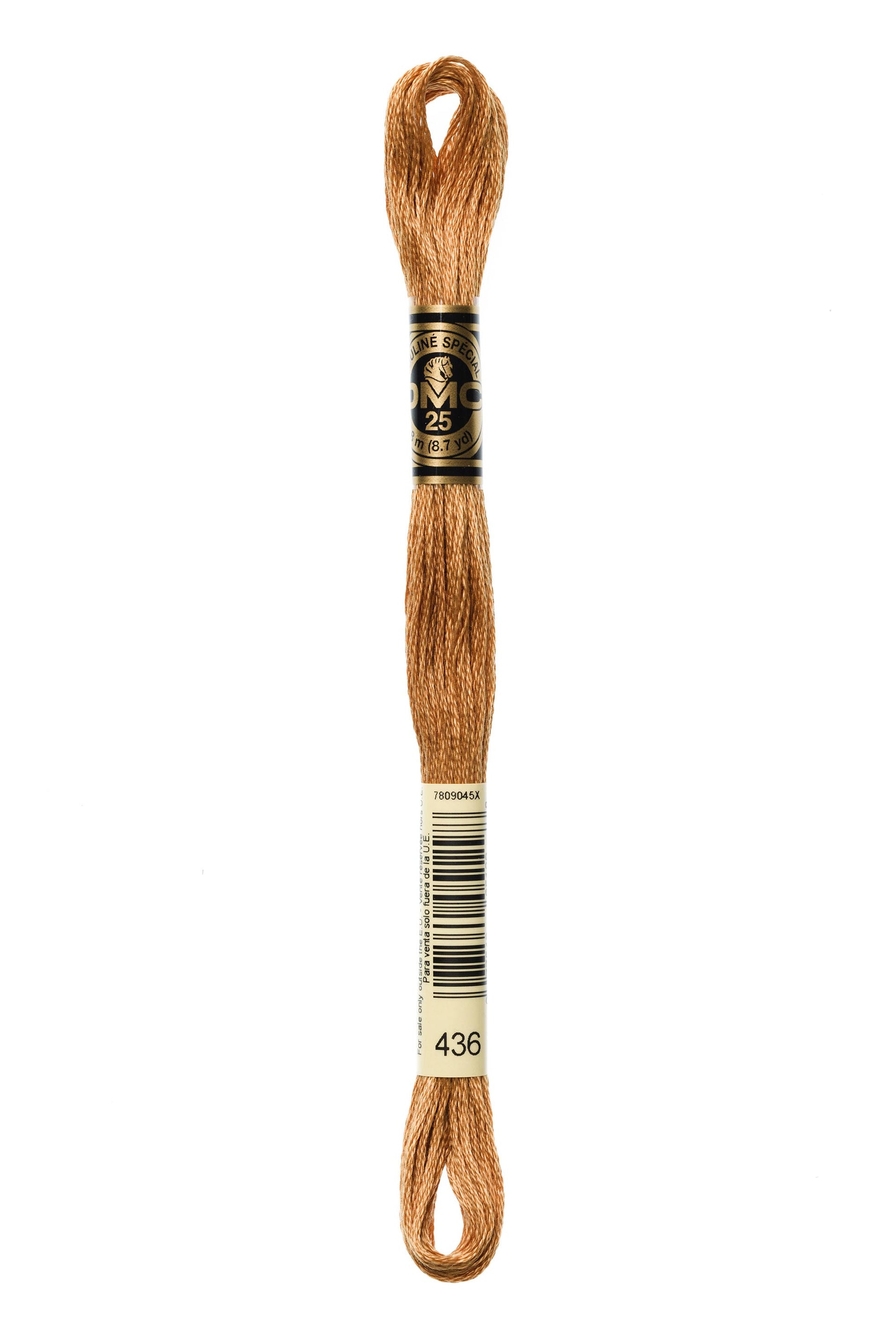 Brown embroidery floss spool with label on a white background