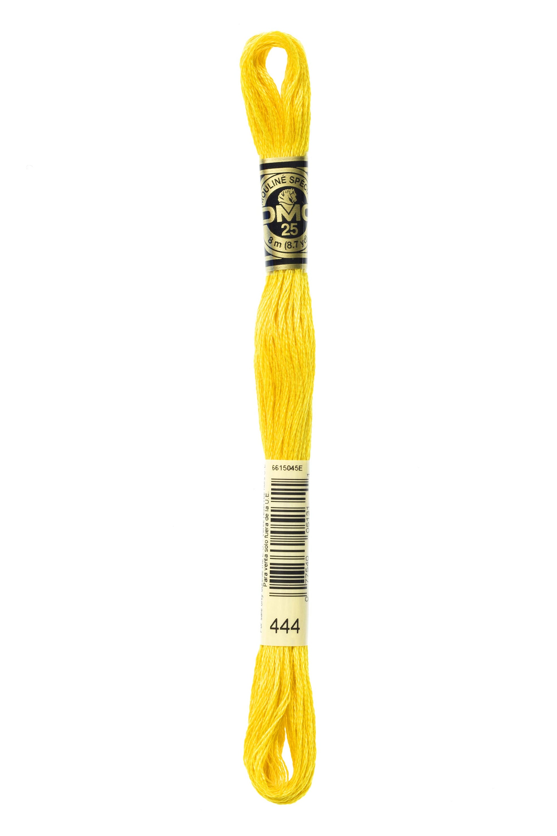 Yellow embroidery floss spool with a brand label on a white background