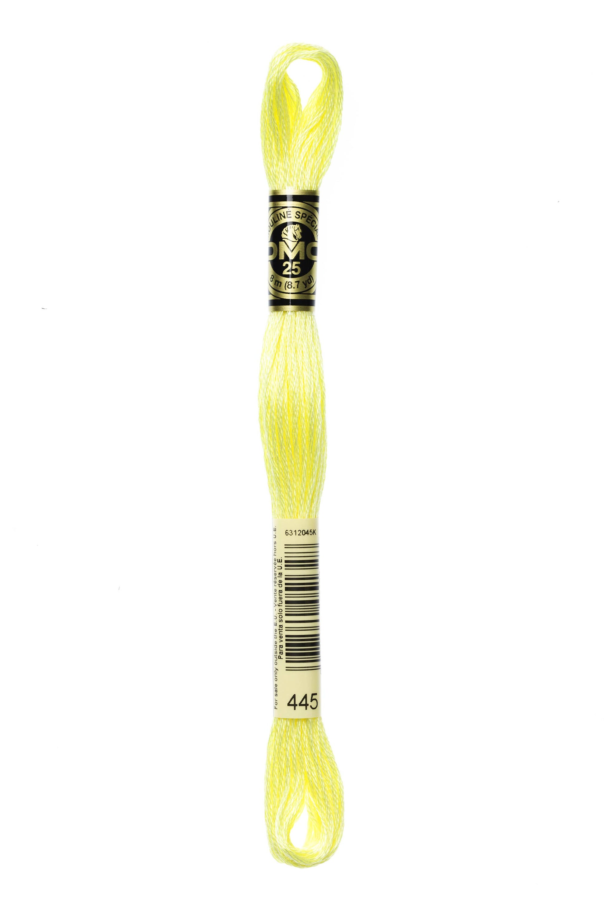 Yellow embroidery floss spool with a label on a white background