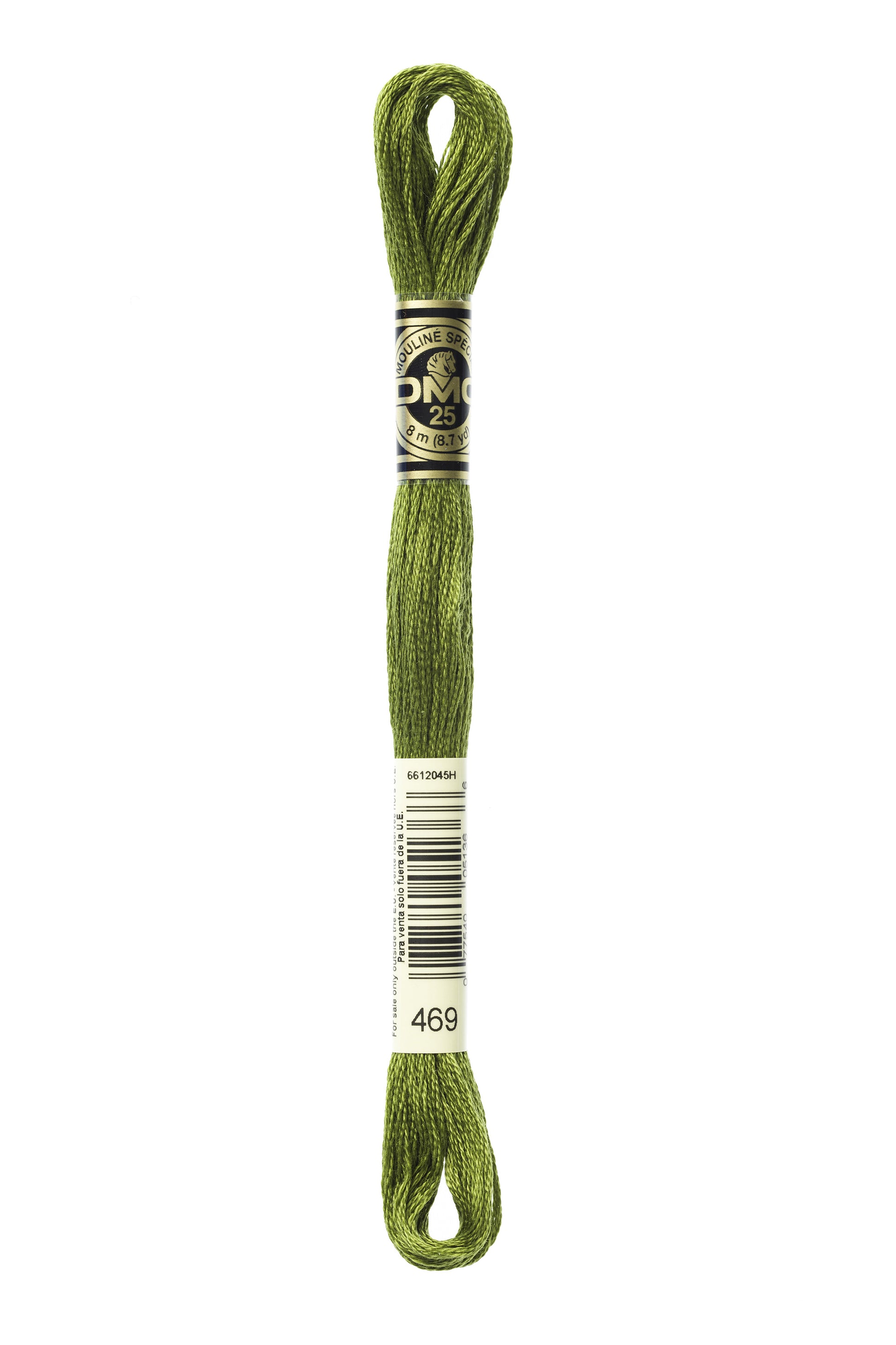 Green embroidery floss spool with a brand label on a white background