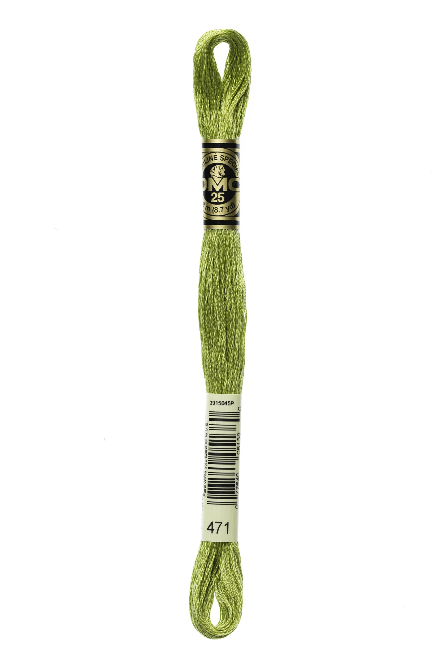 Green embroidery floss spool with a label on a white background