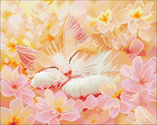 A pixelated floral artwork featuring a sleeping white kitten nestled among soft pink and peach blossoms, with a warm yellow-orange glow throughout the composition.