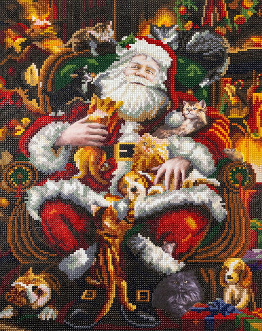 A festive diamond painting style artwork showing Santa Claus seated in a chair with several cats around him, including one on his shoulder and others near the floor and gifts. The scene is richly decorated with holiday lights, ornaments, and warm tones.