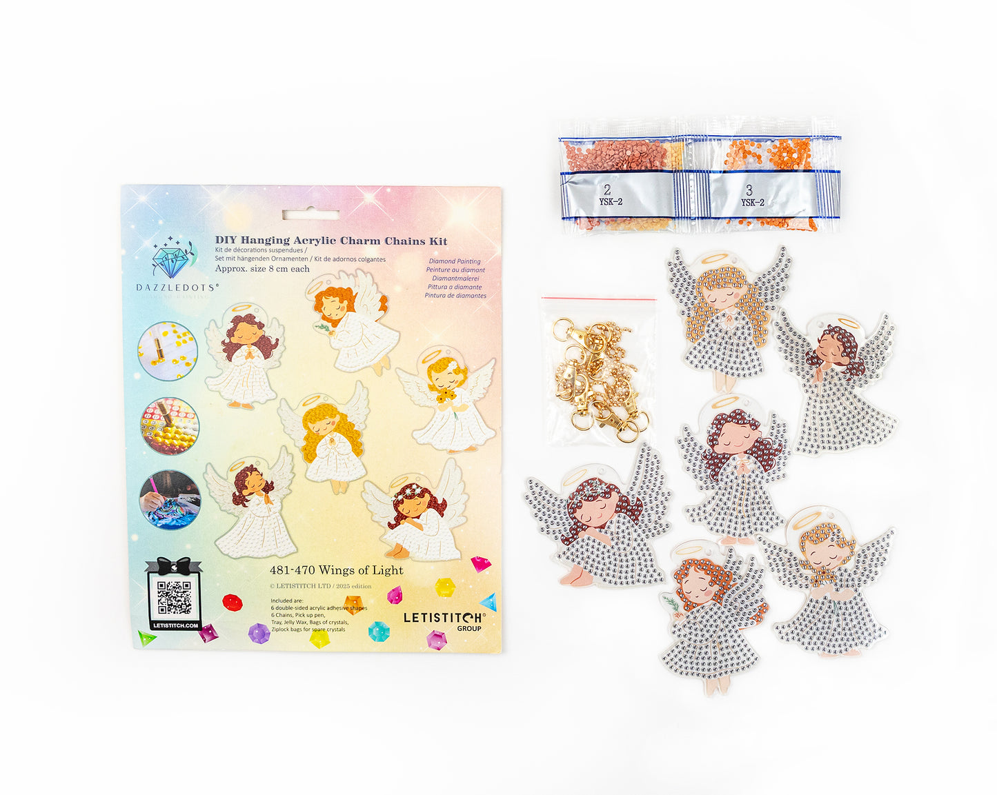 Dazzle Dots Diamond Art kit DIY Hanging Acrylic Charm Kit with angel charms and packaging on a white background