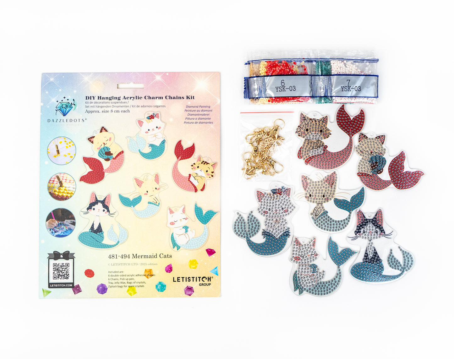 Mermaid cat acrylic charm kit with packaging on a white background