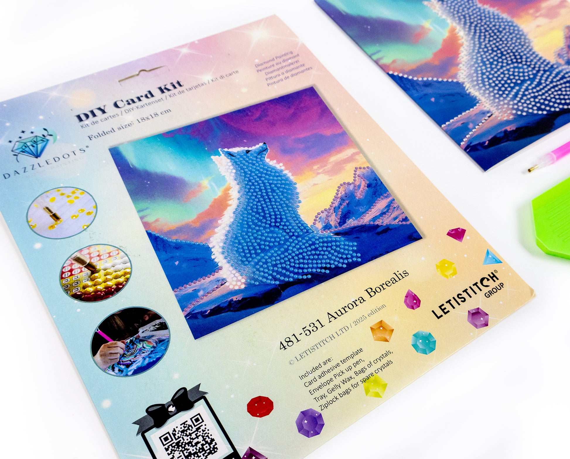 DIY card kit with aurora borealis design and Letistitch branding