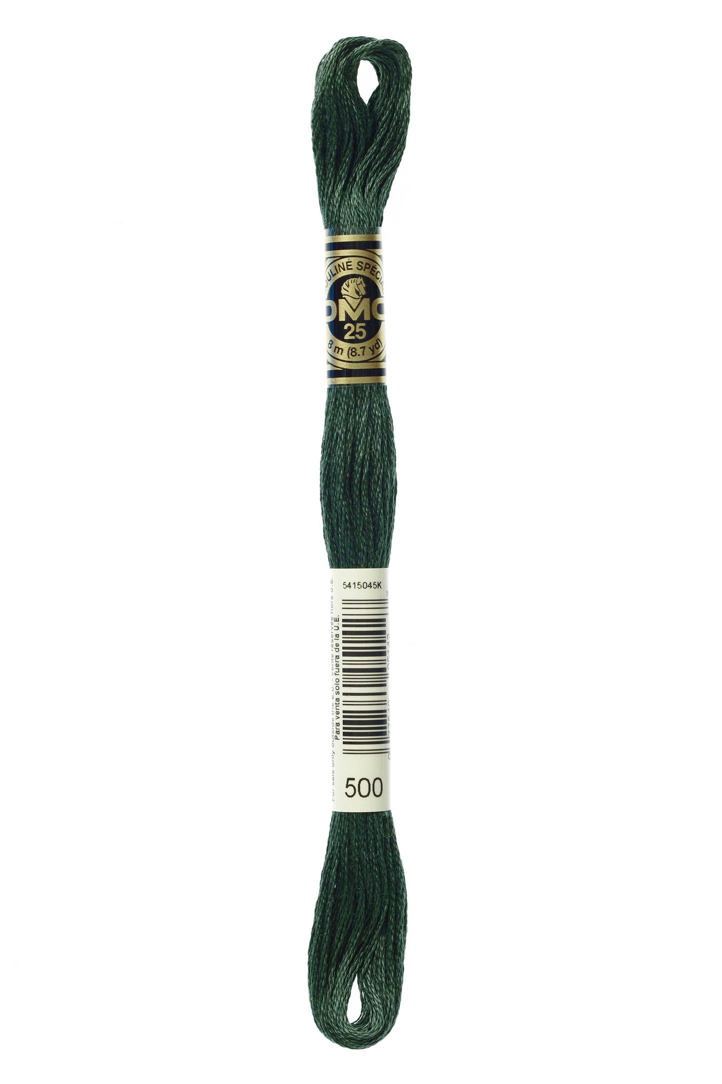 Green embroidery floss spool with a label on a white background