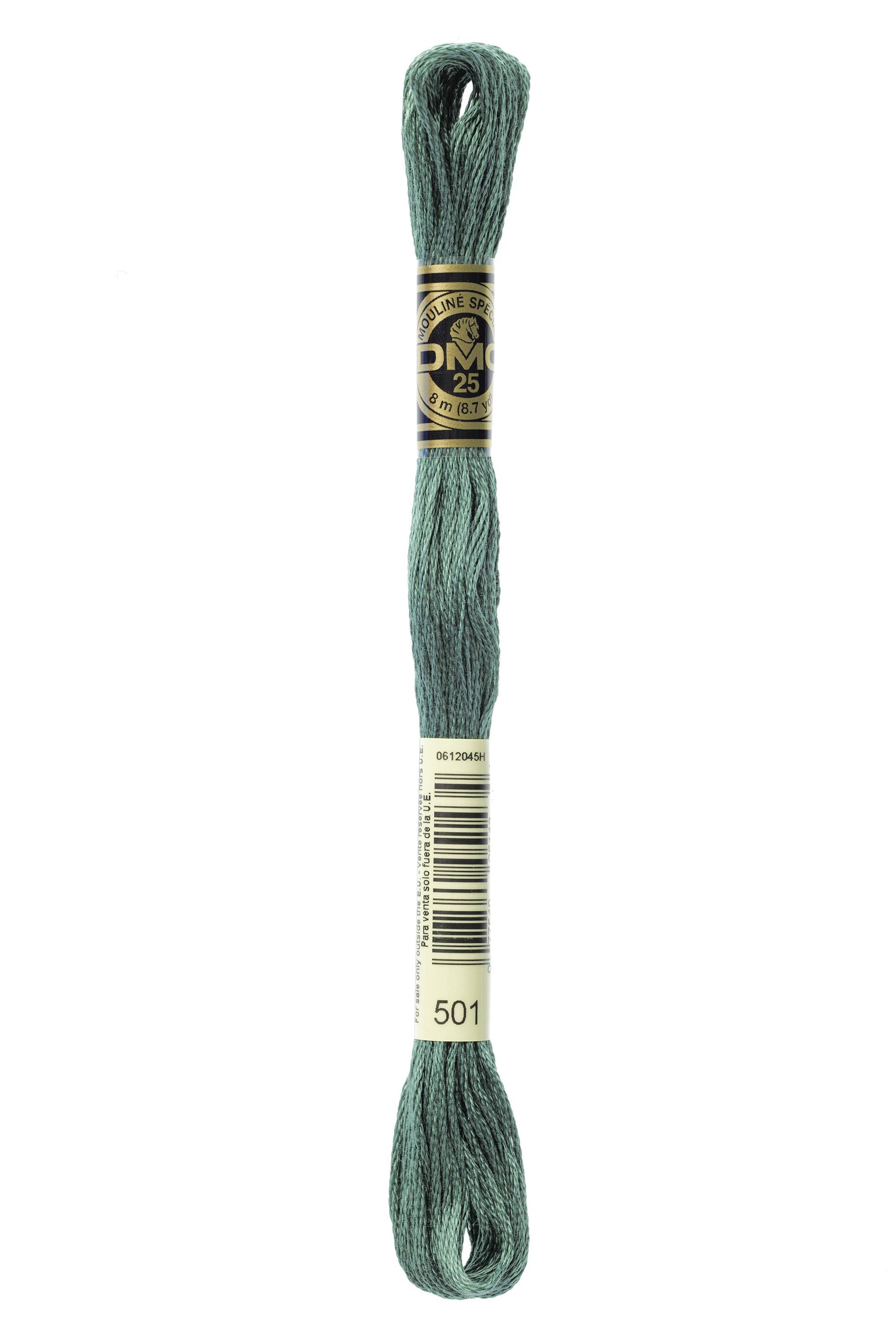 Spool of green embroidery floss with a brand label on a white background