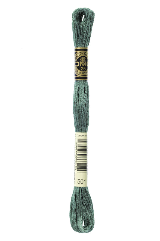 Spool of green embroidery floss with a brand label on a white background
