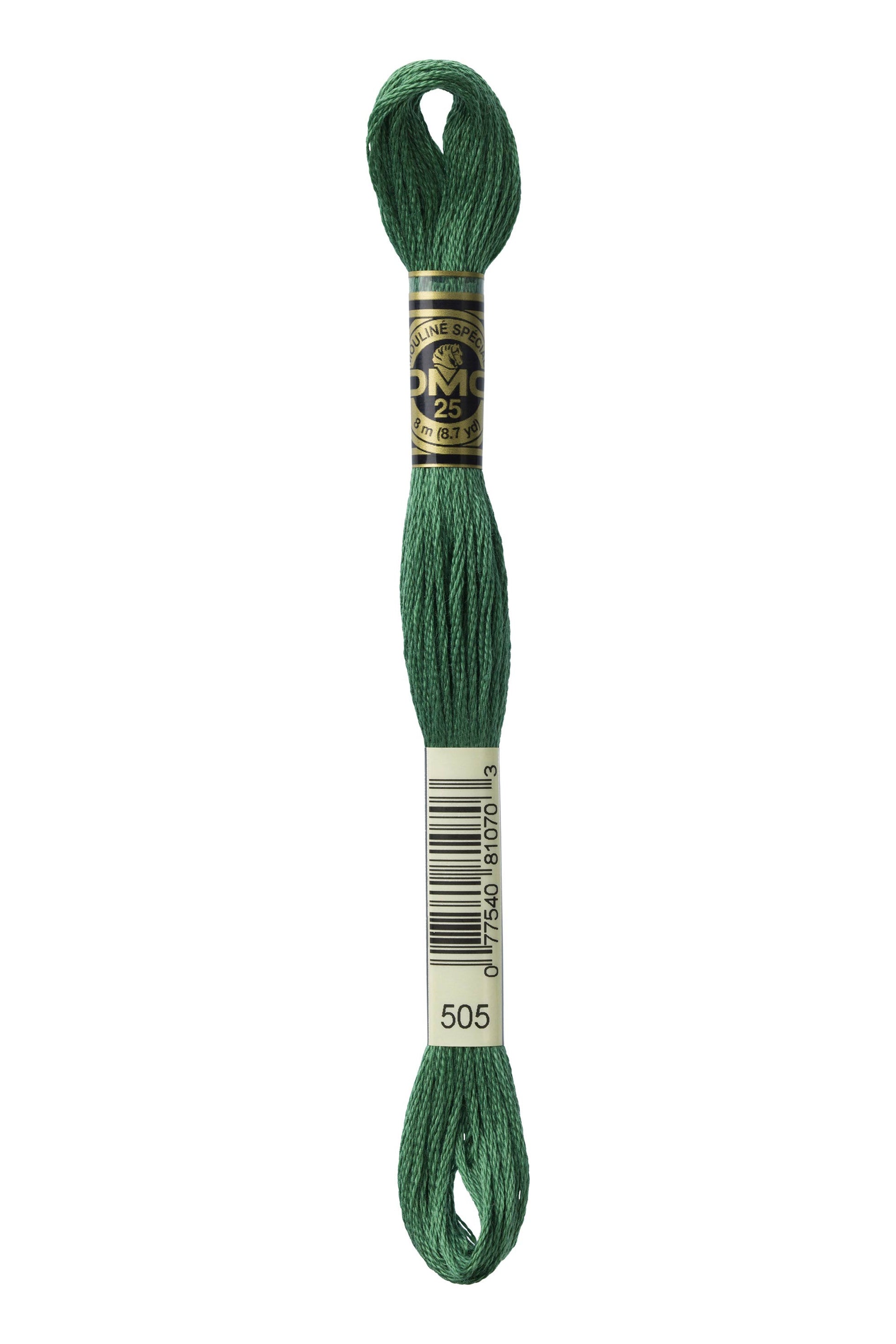 Green embroidery floss spool with a label on a white background