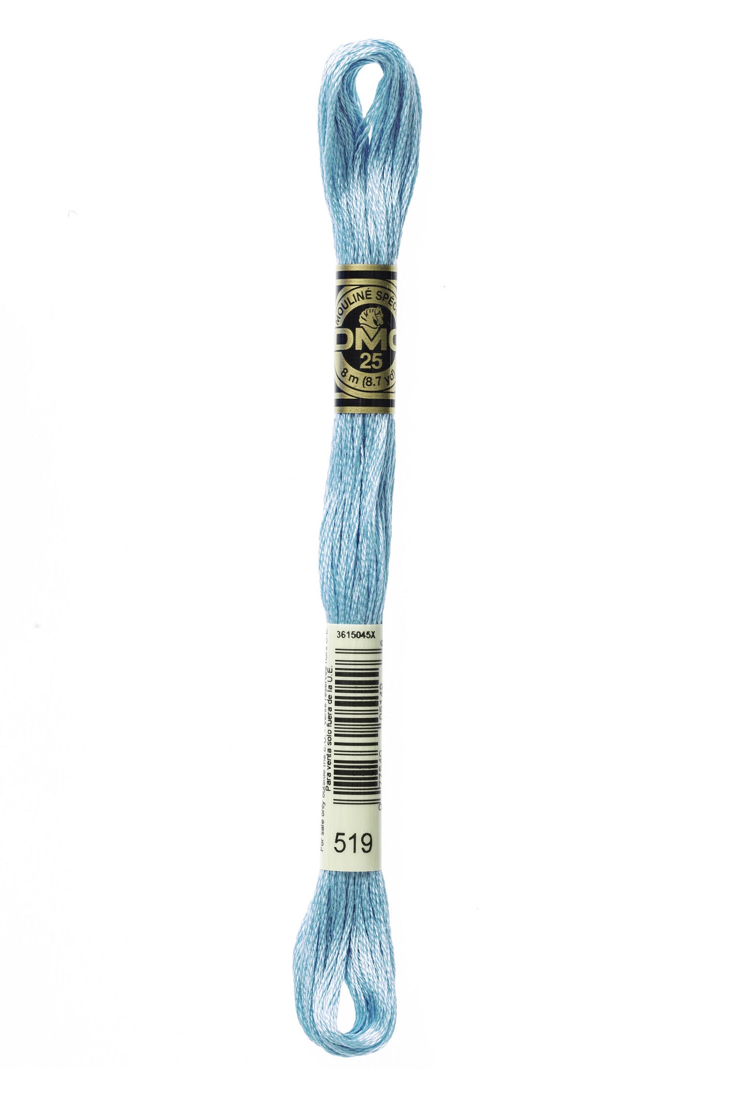 Light blue embroidery floss spool with a label on a white background