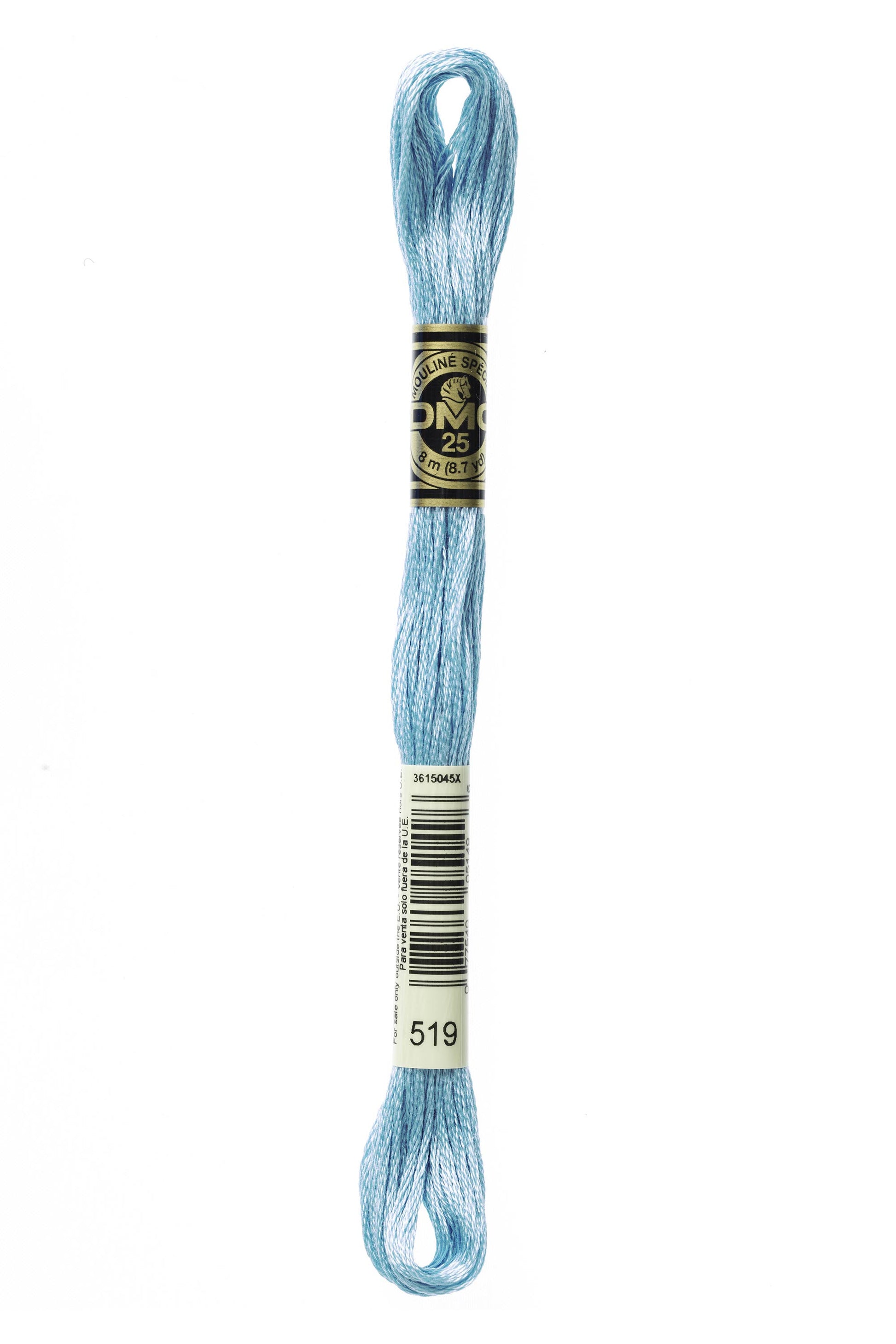 Light blue embroidery floss spool with a label on a white background