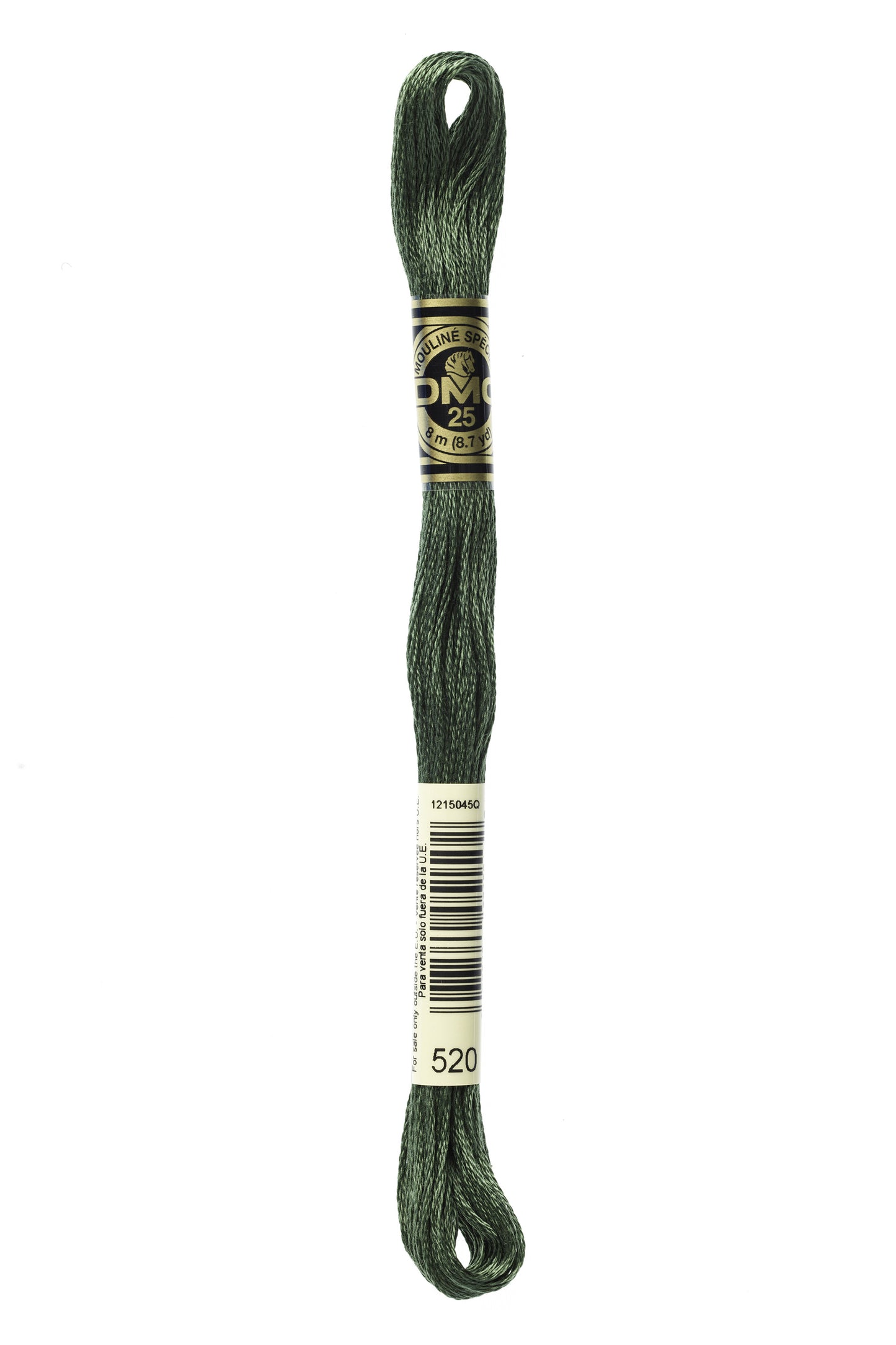 Green embroidery floss spool with a brand label on a white background