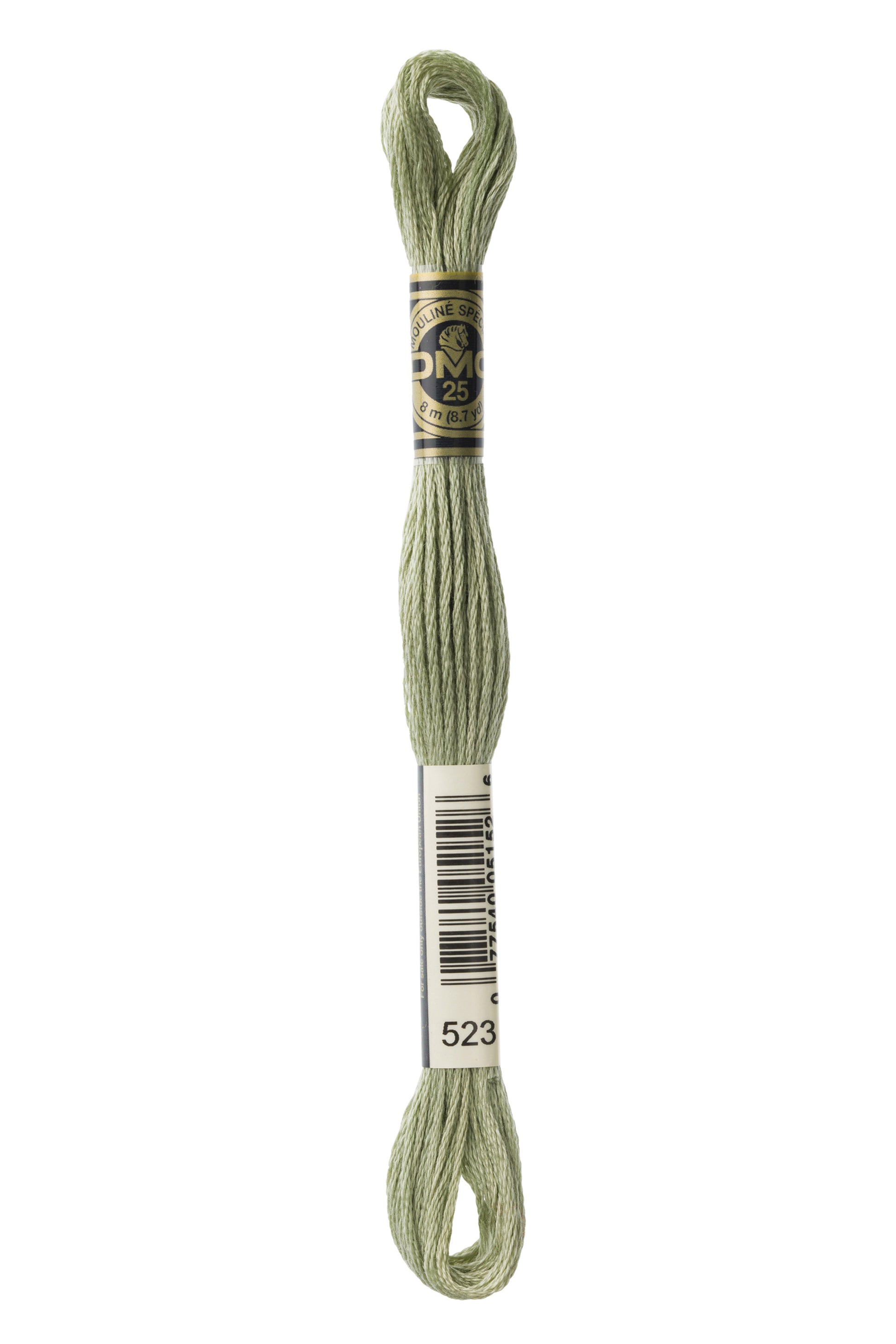 Skein of green embroidery floss with a label on a white background