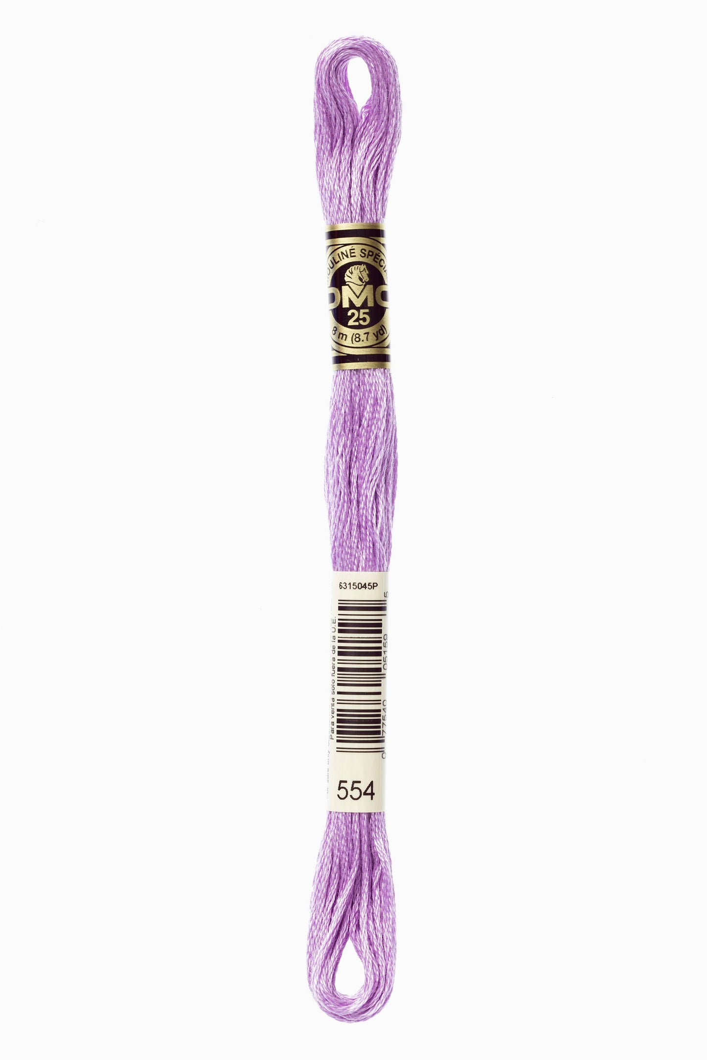 Purple embroidery floss spool with a label on a white background