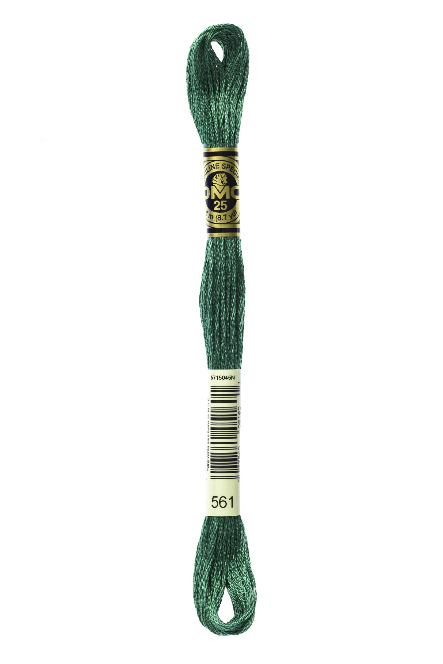 Green embroidery floss spool with a brand label on a white background