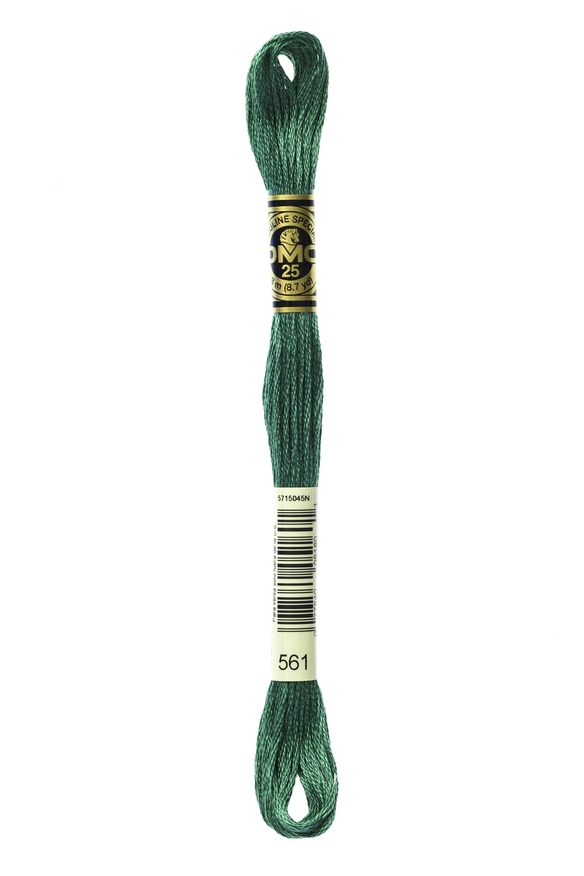 Green embroidery floss spool with a brand label on a white background