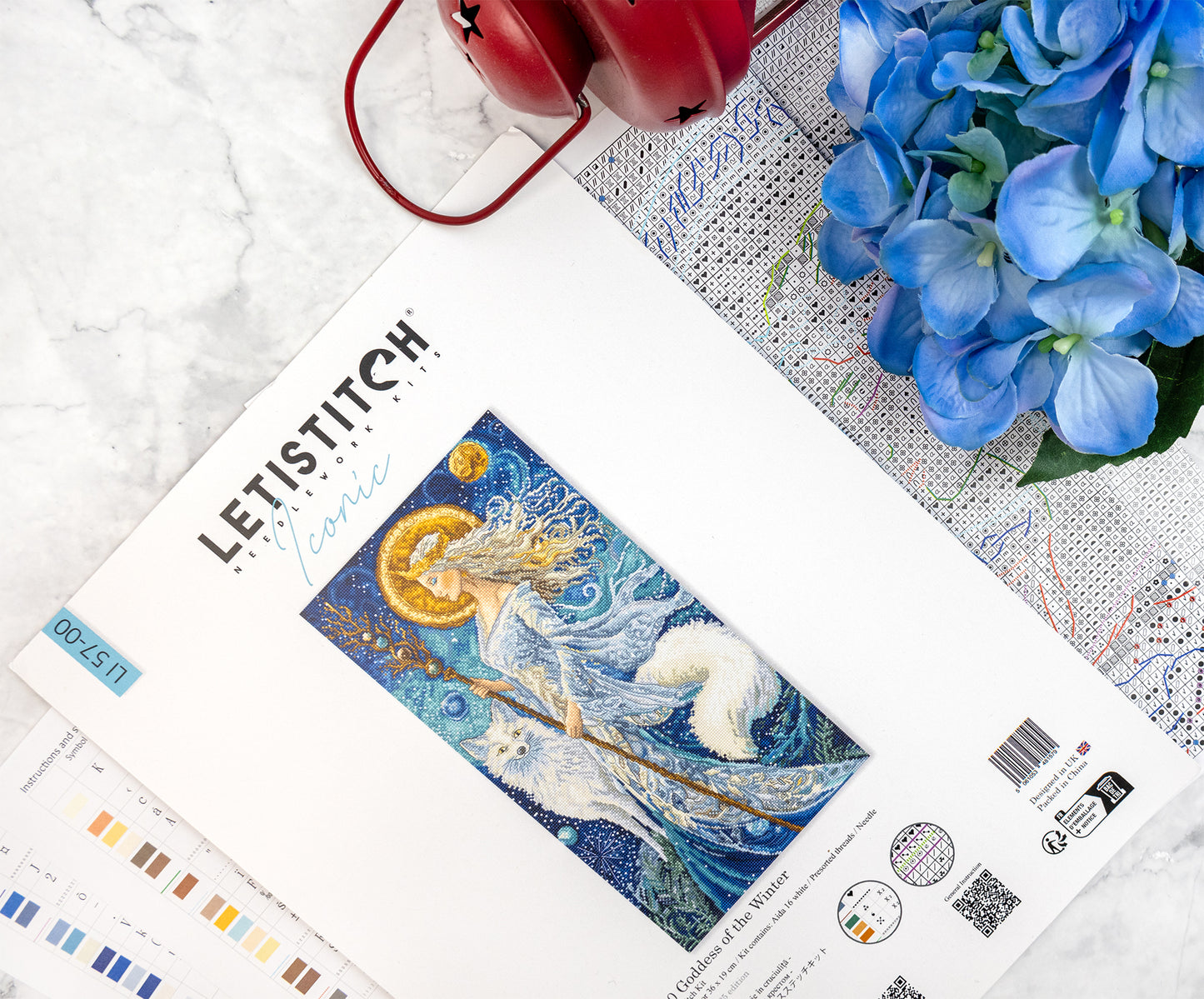 Letistitch cross stitch kit with blue flowers.