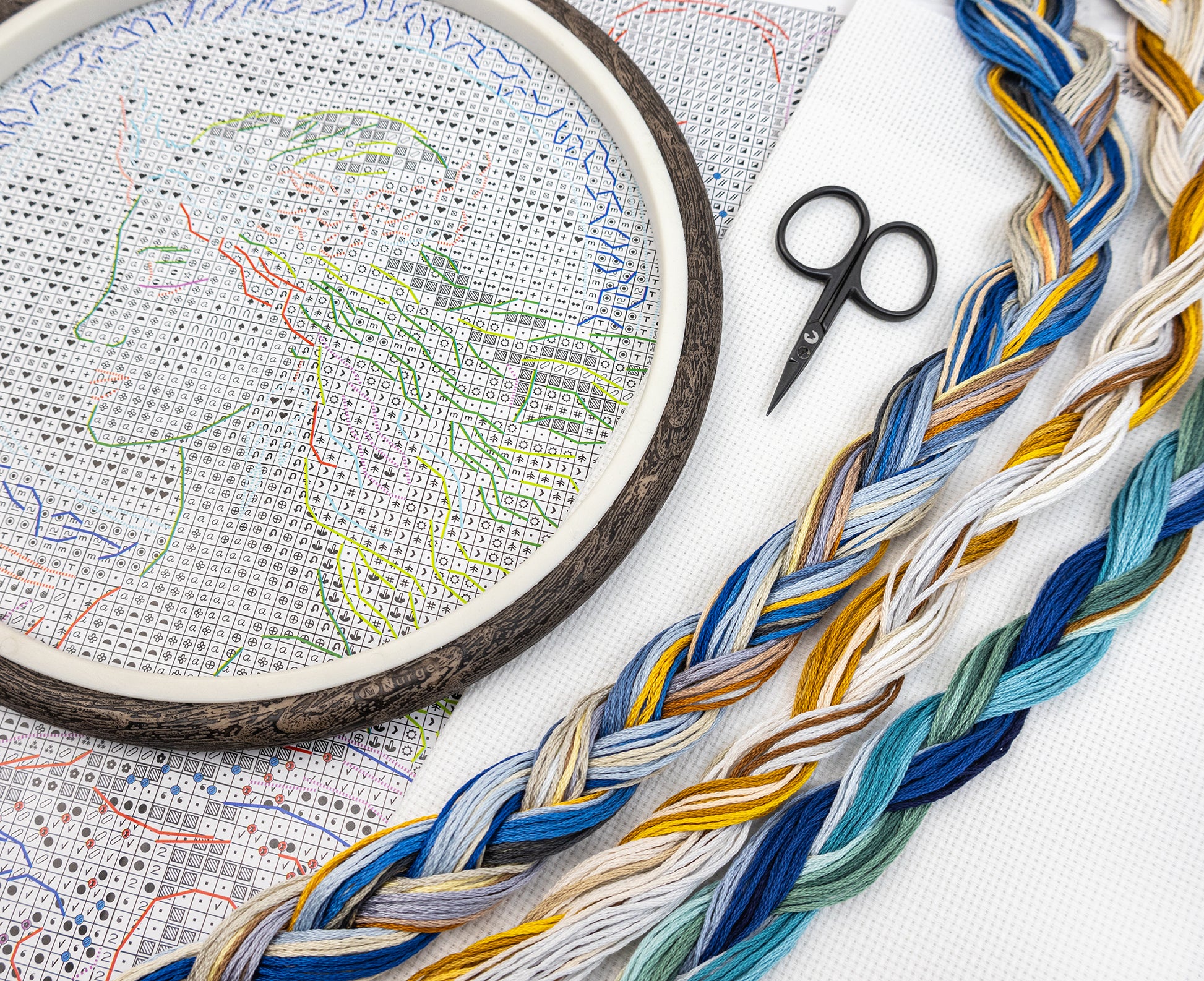 Embroidery hoop with cross-stitched map design, scissors, and braided yarn on a map background