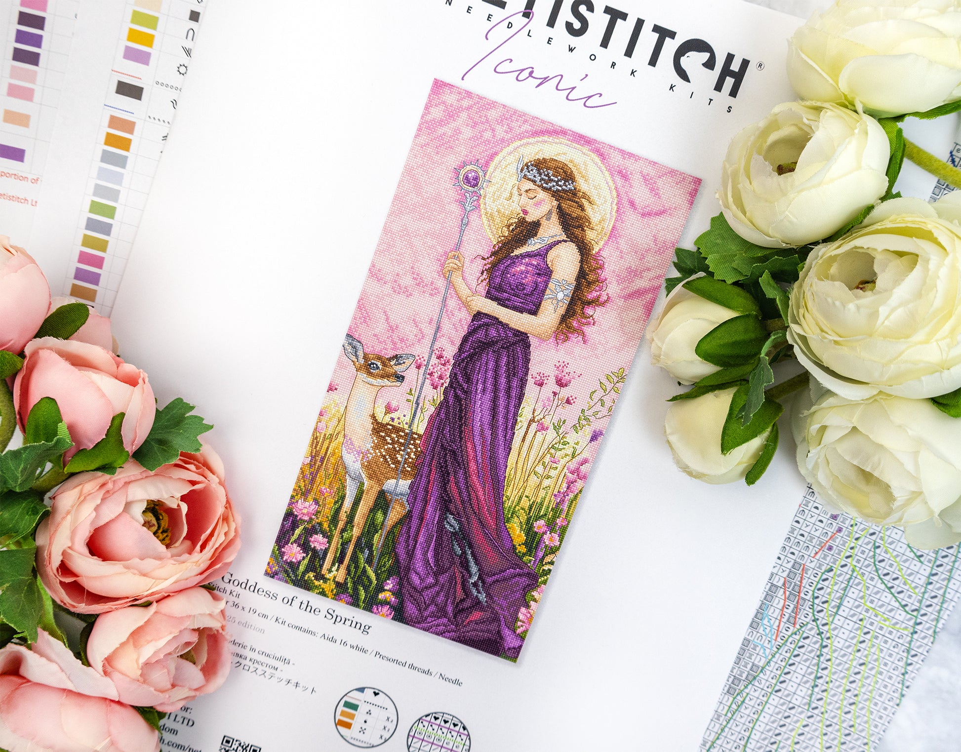 Stitch pattern with a woman in a purple dress surrounded by flowers on a white background